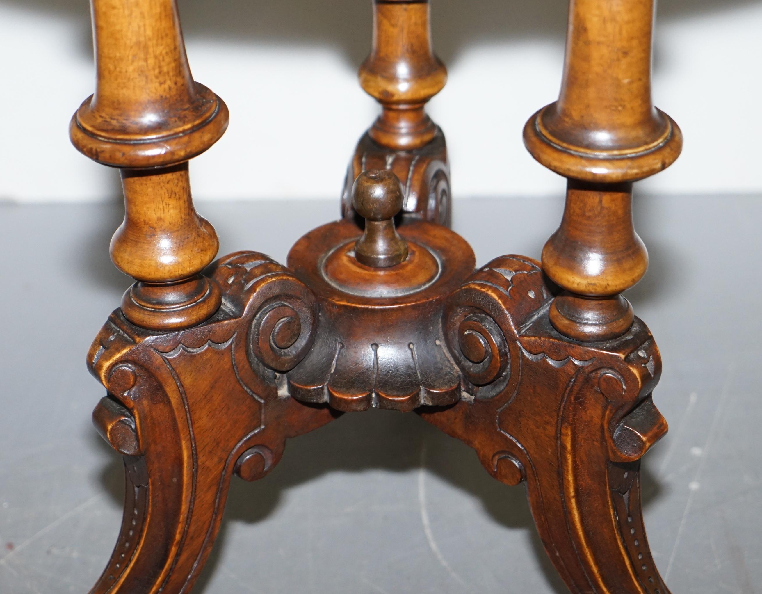 Victorian Burr Walnut Tripod Pillarded Base Side Table Victorian Ornate Carving For Sale 5