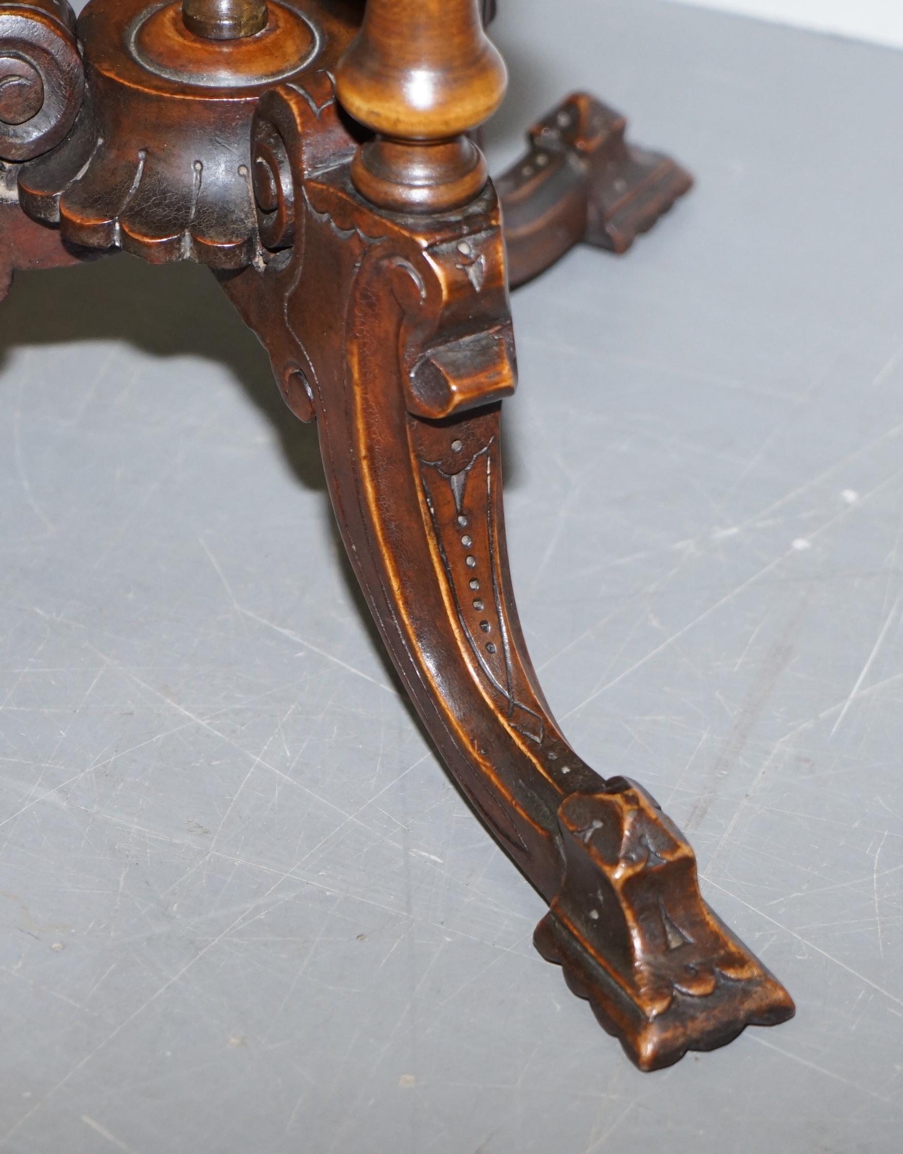 Victorian Burr Walnut Tripod Pillarded Base Side Table Victorian Ornate Carving For Sale 6