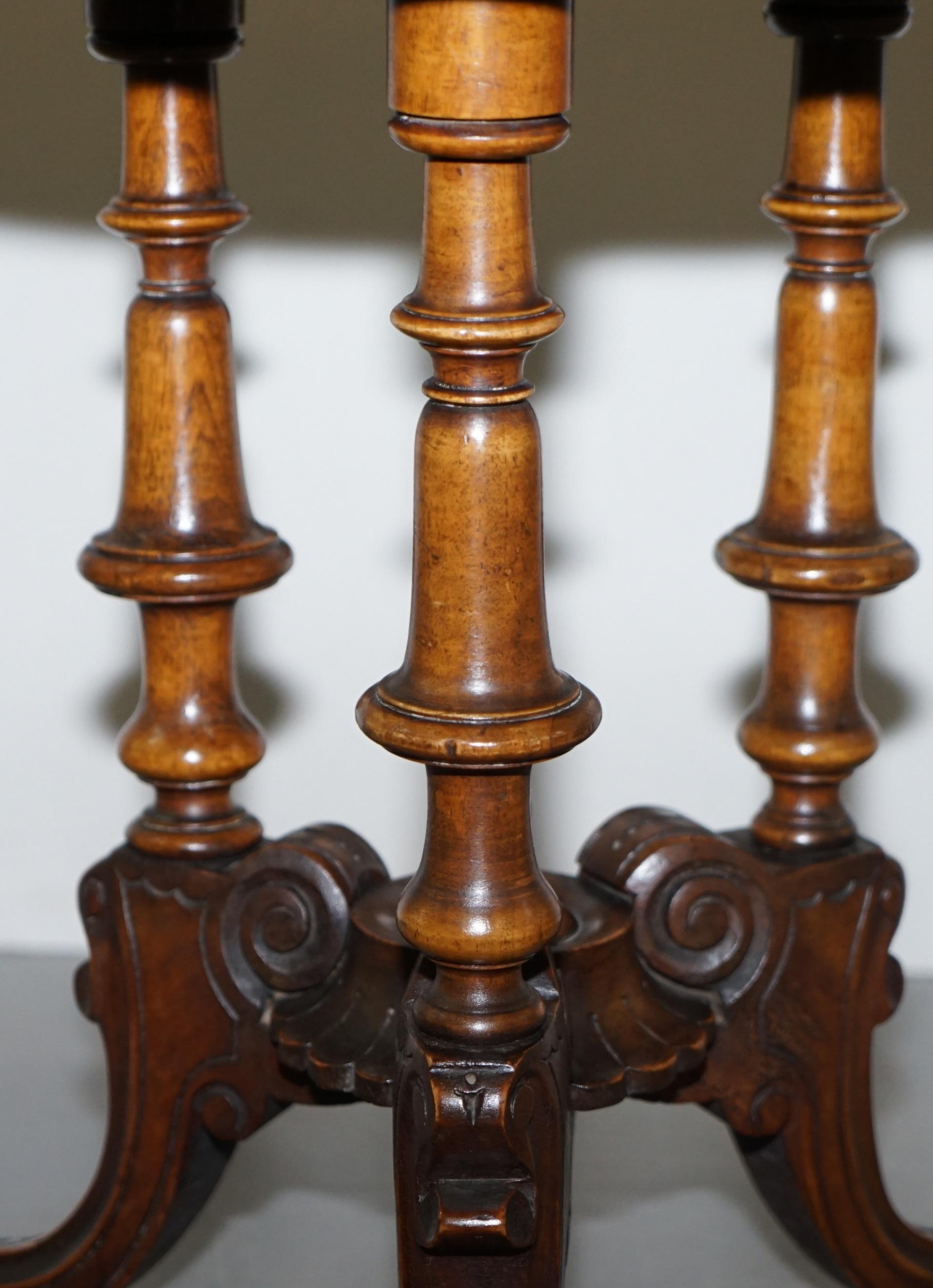 Victorian Burr Walnut Tripod Pillarded Base Side Table Victorian Ornate Carving For Sale 7