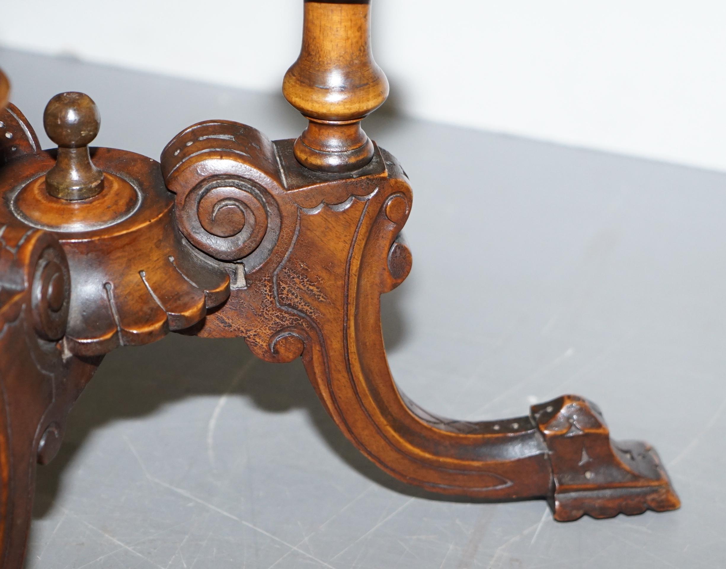 Victorian Burr Walnut Tripod Pillarded Base Side Table Victorian Ornate Carving For Sale 8