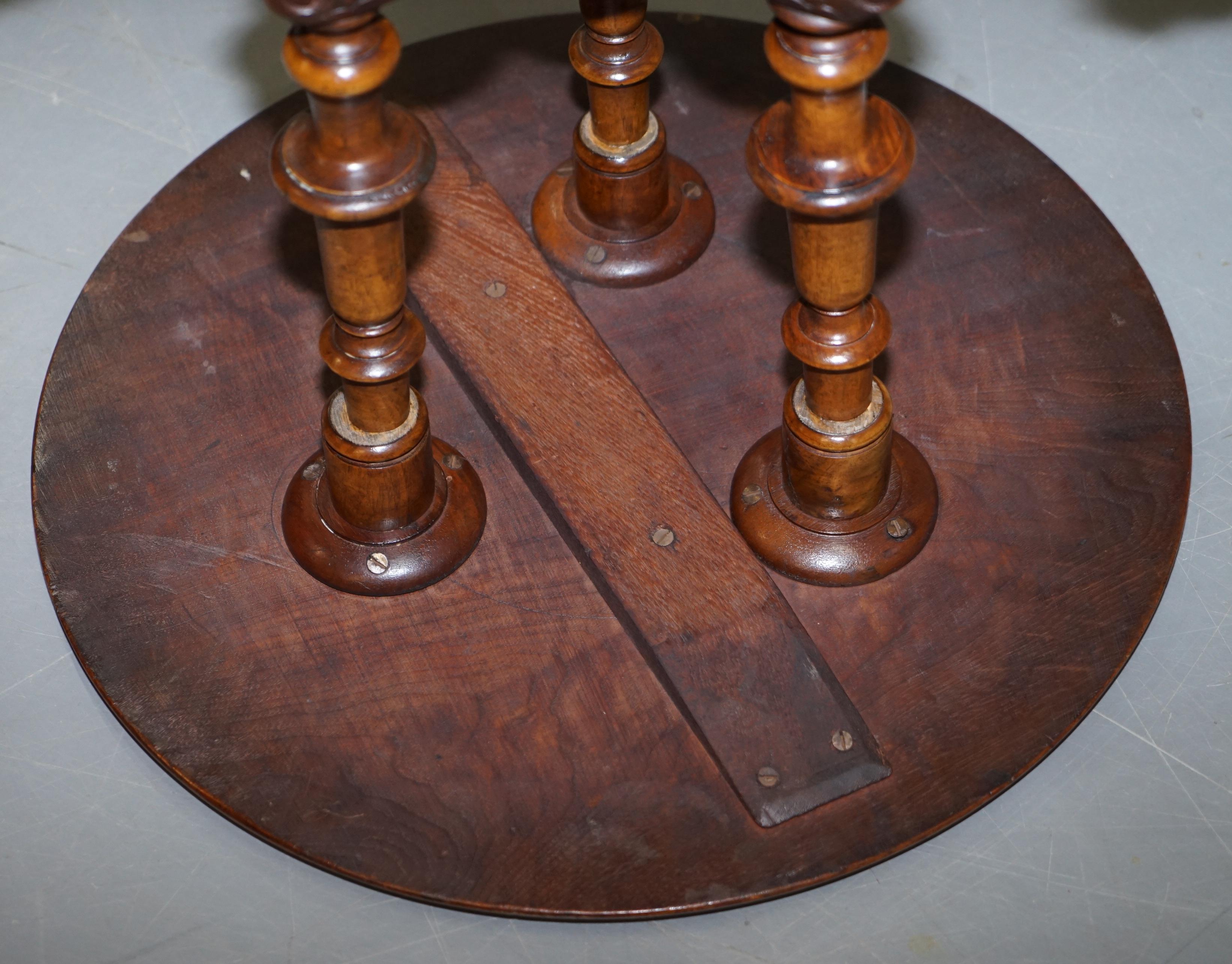 Victorian Burr Walnut Tripod Pillarded Base Side Table Victorian Ornate Carving For Sale 11