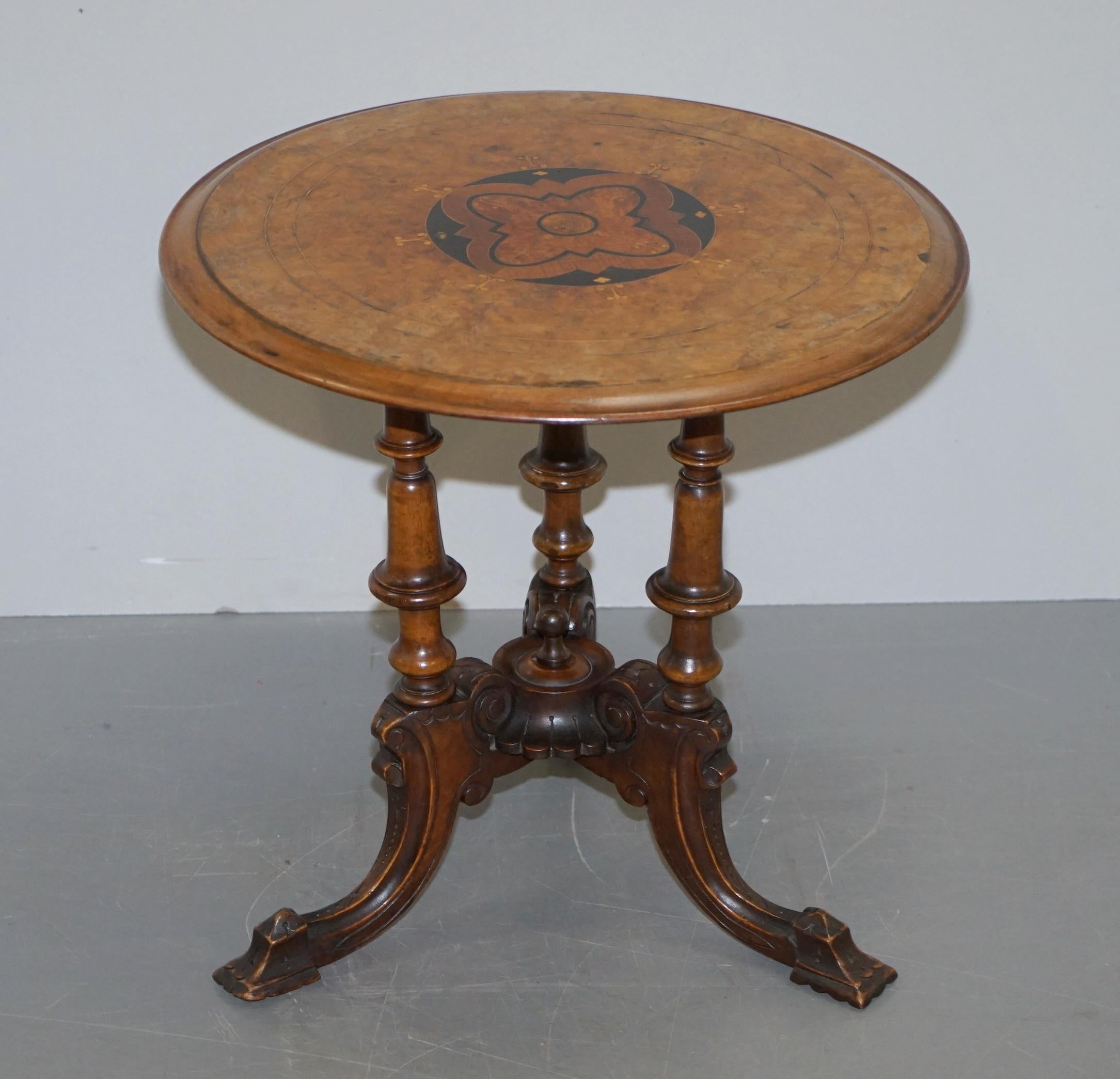 We are delighted to offer for sale this sublime Victorian circa 1860 burr and burl walnut tripod table in original condition with triple pillared base

A glorious little side table, heavily carved to the base with three pillars, the timber patina