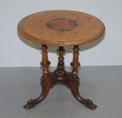 Victorian Burr Walnut Tripod Pillarded Base Side Table Victorian Ornate Carving