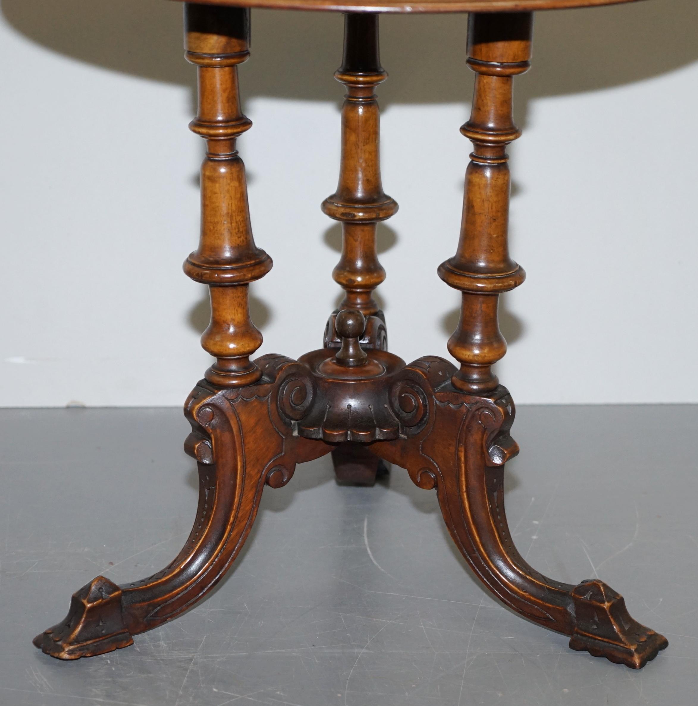 Victorian Burr Walnut Tripod Pillarded Base Side Table Victorian Ornate Carving For Sale 1