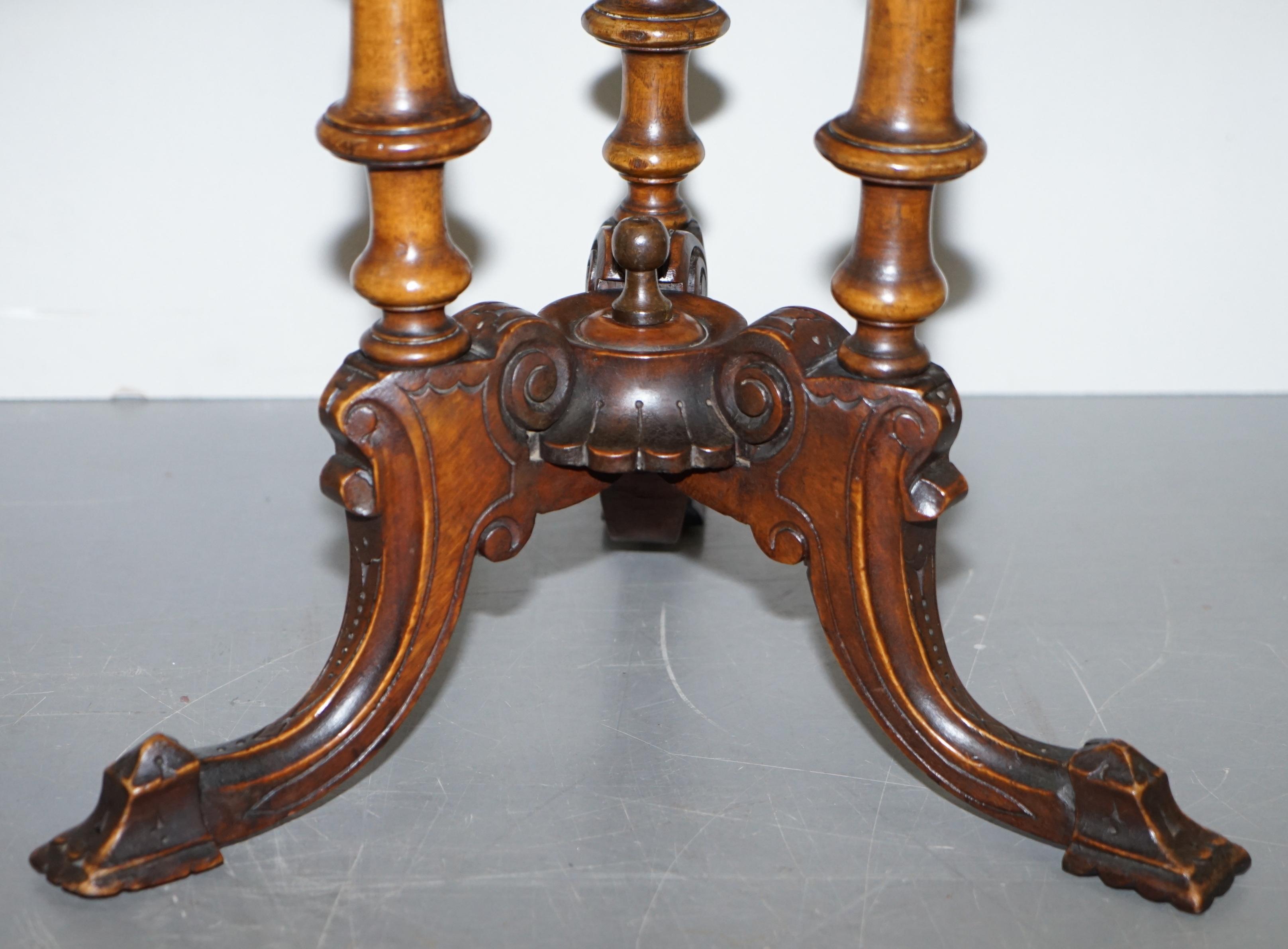 Victorian Burr Walnut Tripod Pillarded Base Side Table Victorian Ornate Carving For Sale 2