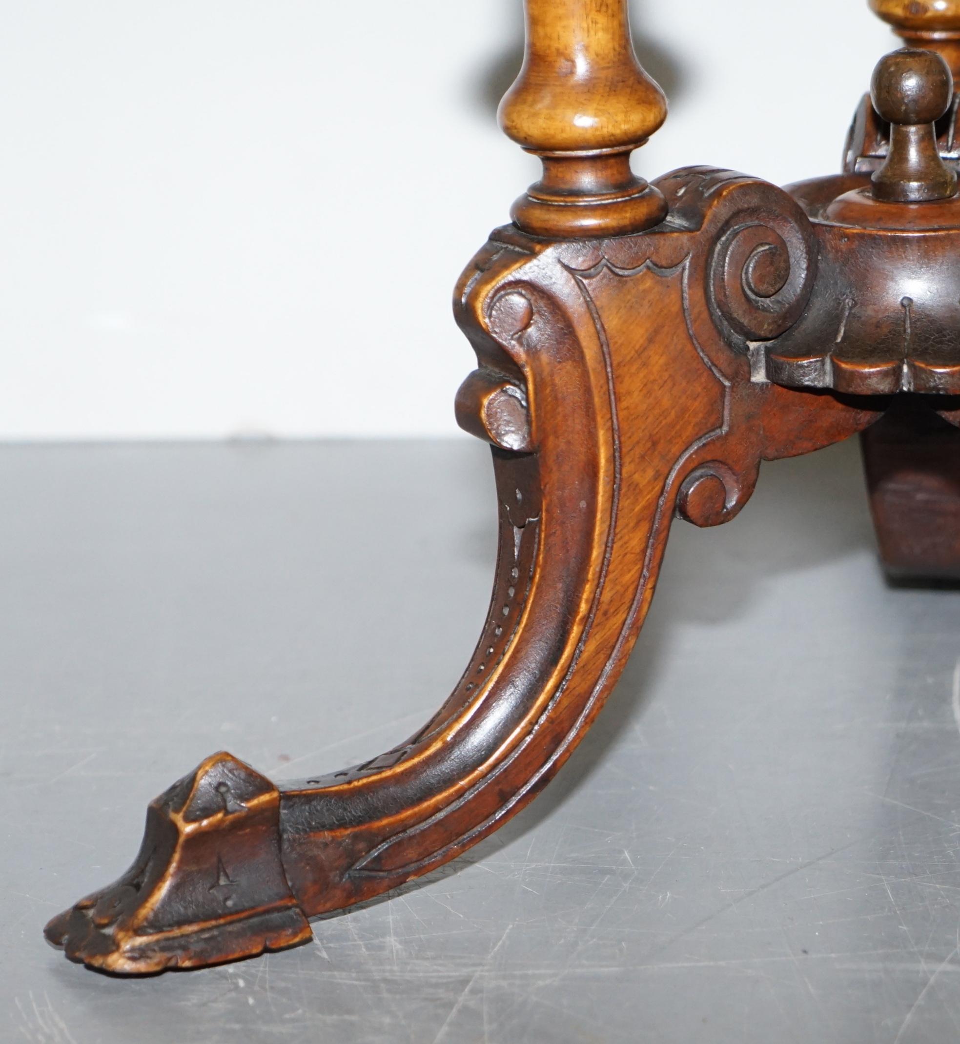 Victorian Burr Walnut Tripod Pillarded Base Side Table Victorian Ornate Carving For Sale 3