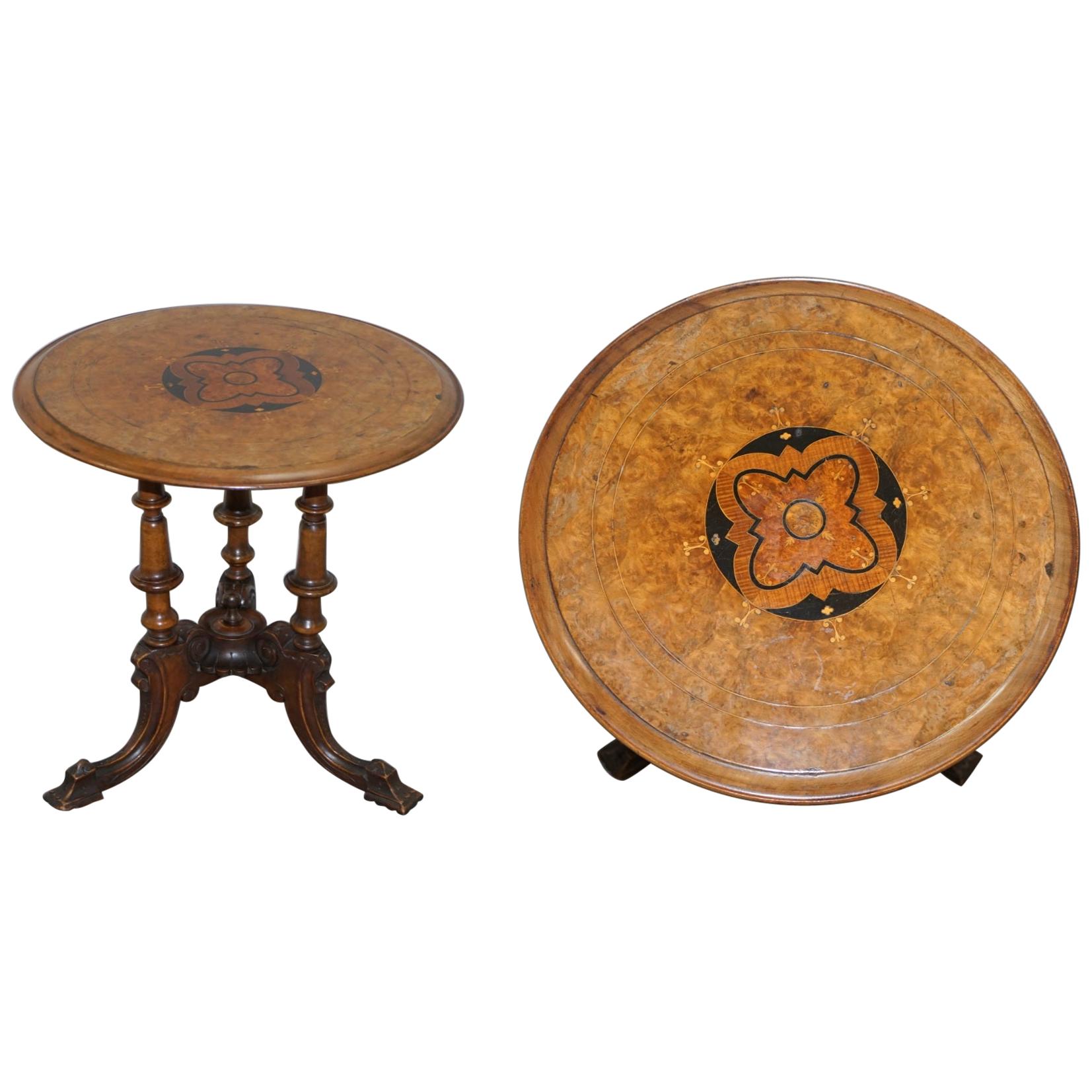 Victorian Burr Walnut Tripod Pillarded Base Side Table Victorian Ornate Carving For Sale