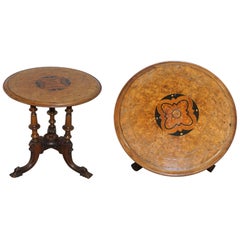 Antique Victorian Burr Walnut Tripod Pillarded Base Side Table Victorian Ornate Carving