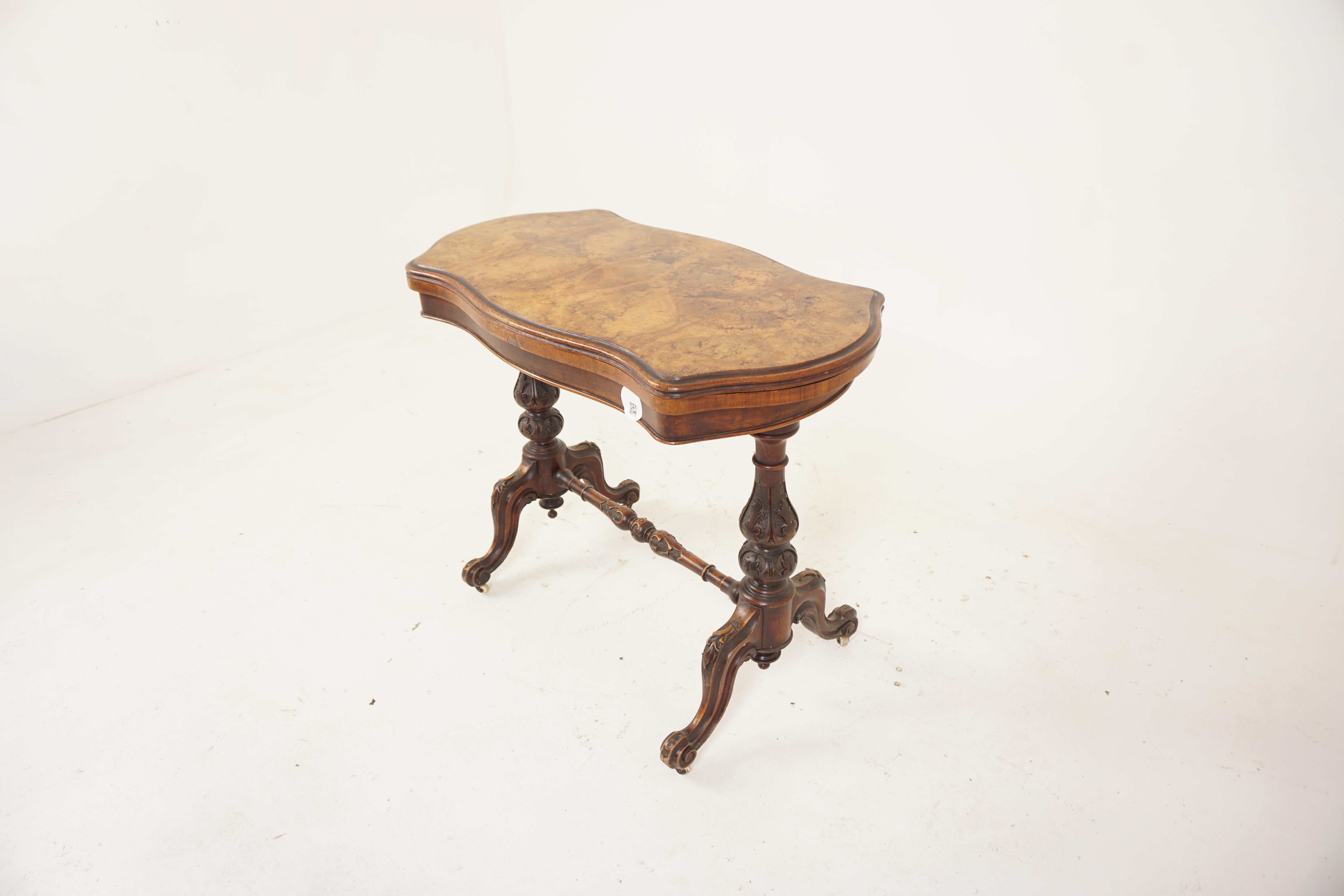 Victorian burr walnut turn over games table, tea table, Scotland 1870, H668

Scotland 1870
Solid walnut and veneer
Original Finish
Shaped moulded top
The top turn 90 degrees and opens to reveal the leather top playing surface
All standing on a pair