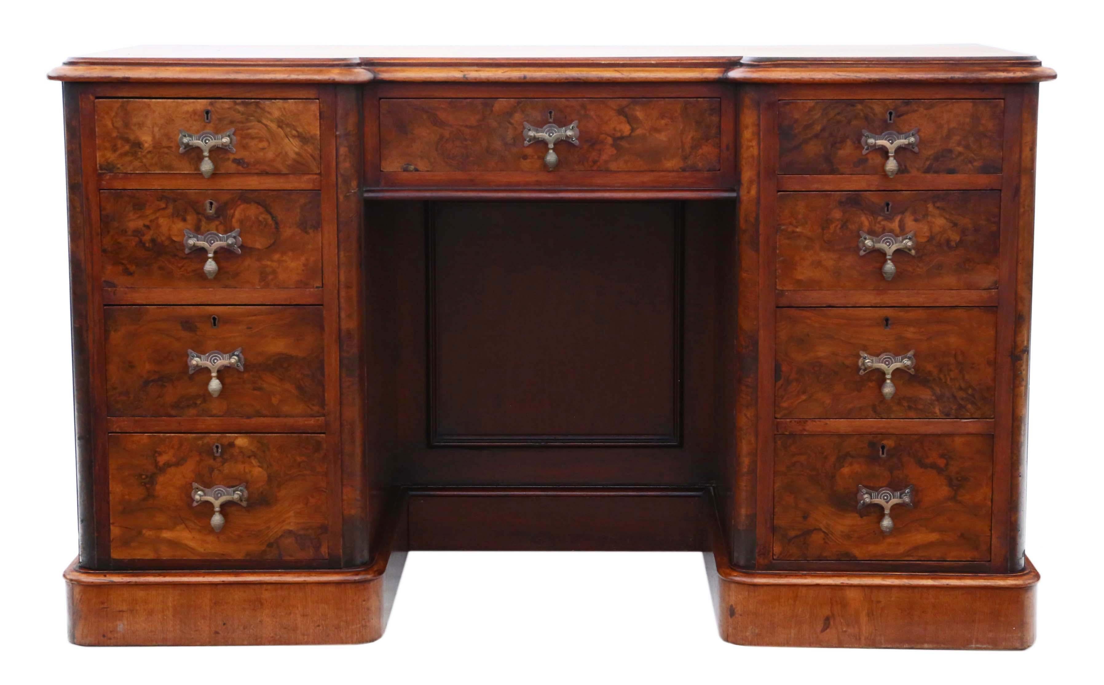 Antique quality Victorian burr walnut twin pedestal desk or writing table, circa 1880.
This is a lovely quality piece, that is full of age, charm and character.
Solid with no loose joints, a very rare find. The top is in good order having recently