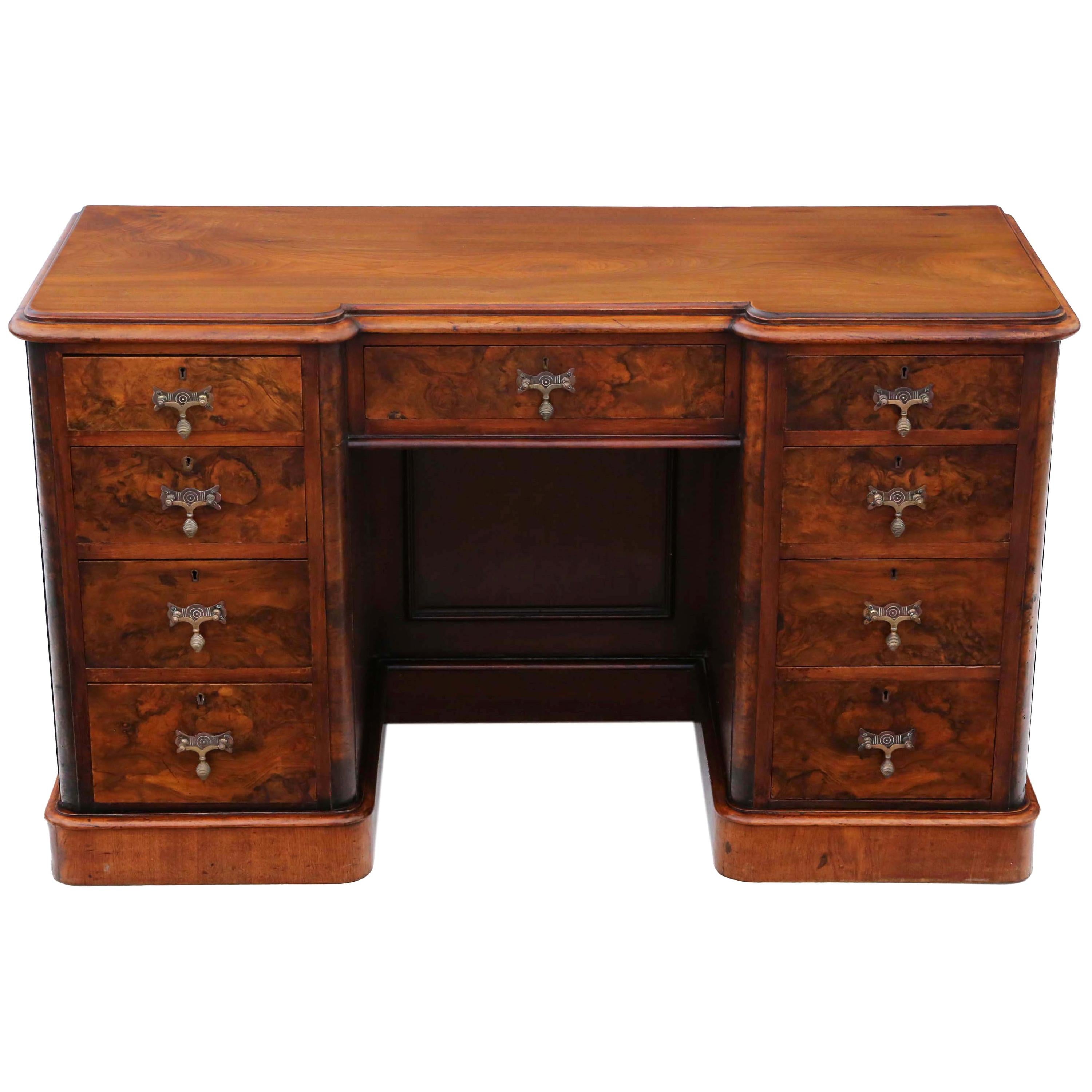 Victorian Burr Walnut Twin Pedestal Desk Writing Table, circa 1880