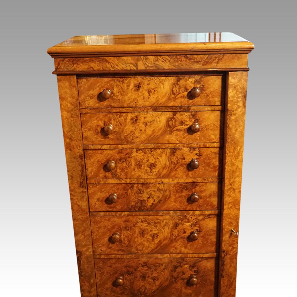 Victorian burr walnut Wellington chest
This Victorian burr walnut Wellington chest was made in a top-quality workshop circa 1870.
The Wellington chest has a fitted secretaire drawer as well as the usual graduated drawers.
The cabinetmaker used fine