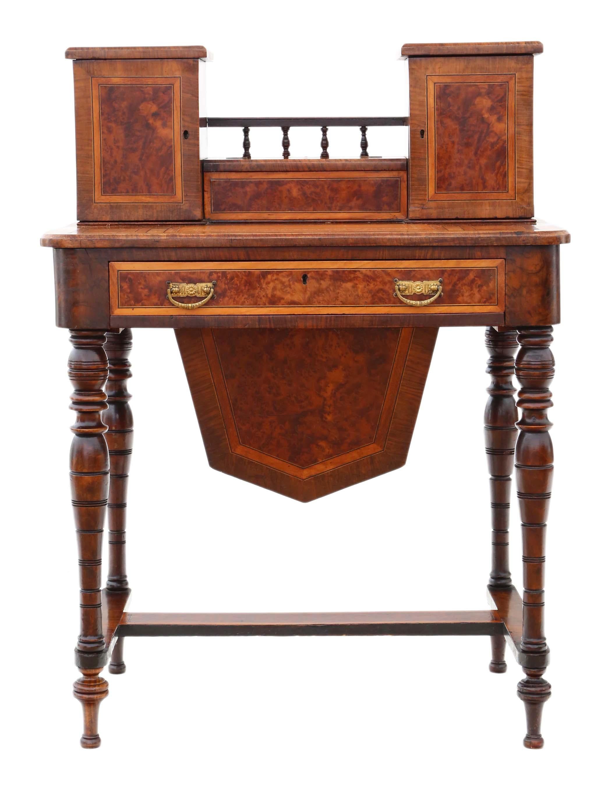 Antique quality Victorian Aesthetic, circa 1890 burr walnut/amboyna work side sewing writing table box 
This is a lovely item, that is full of age, charm and character.
An attractive, rare and versatile piece with so many different uses.
Solid,