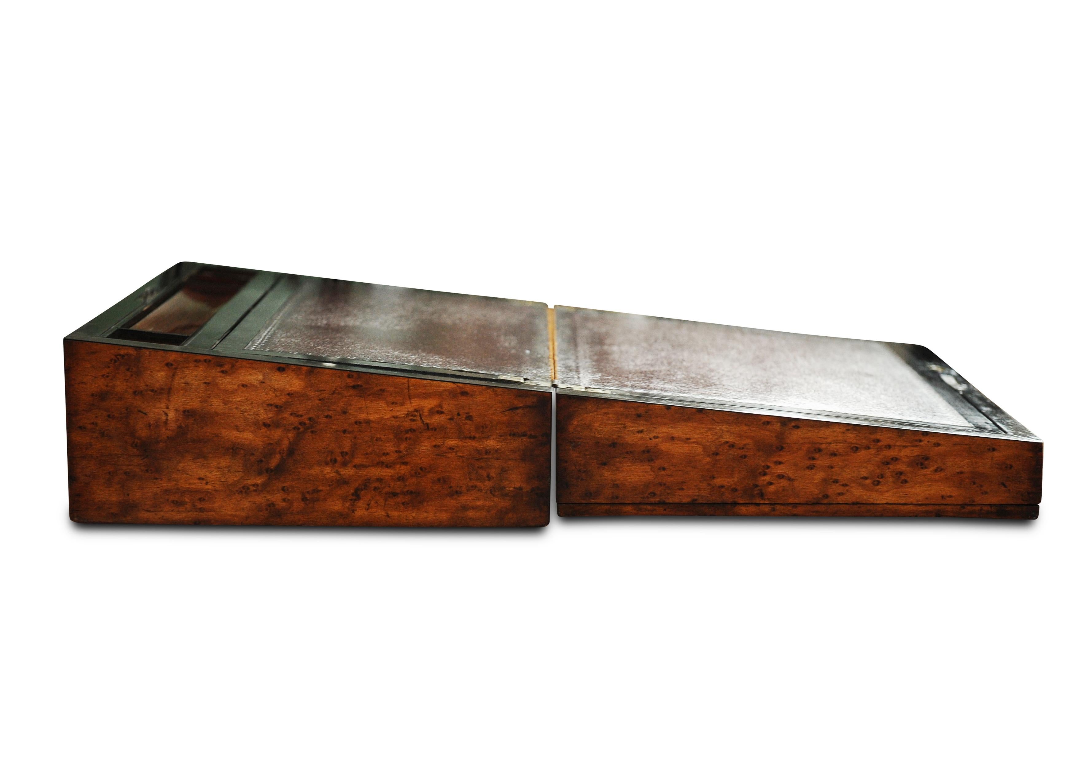 Hand-Crafted Victorian Burr Walnut Writing Slope With Oxblood Leather & Ebonised Interior.