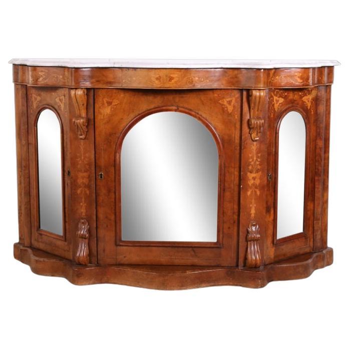 Victorian Burr Wood Walnut Serpentine Marble-Top Credenza