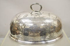 Victorian Butterfly Etched Silver Plated Covered Serving Platter Meat Dome