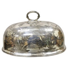 Victorian Butterfly Etched Silver Plated Covered Serving Platter Meat Dome