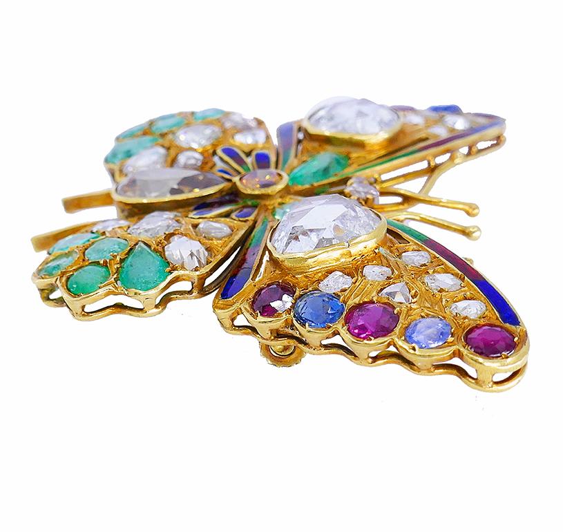 Mixed Cut Victorian Butterfly Pin Brooch Gold Gemstones Enamel 18k Estate Jewelry Antique For Sale