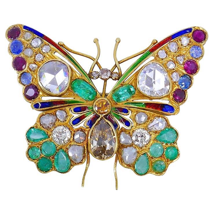 Victorian Butterfly Pin Brosche Gold Edelsteine Emaille 18k Estate Jewelry Antique im Angebot