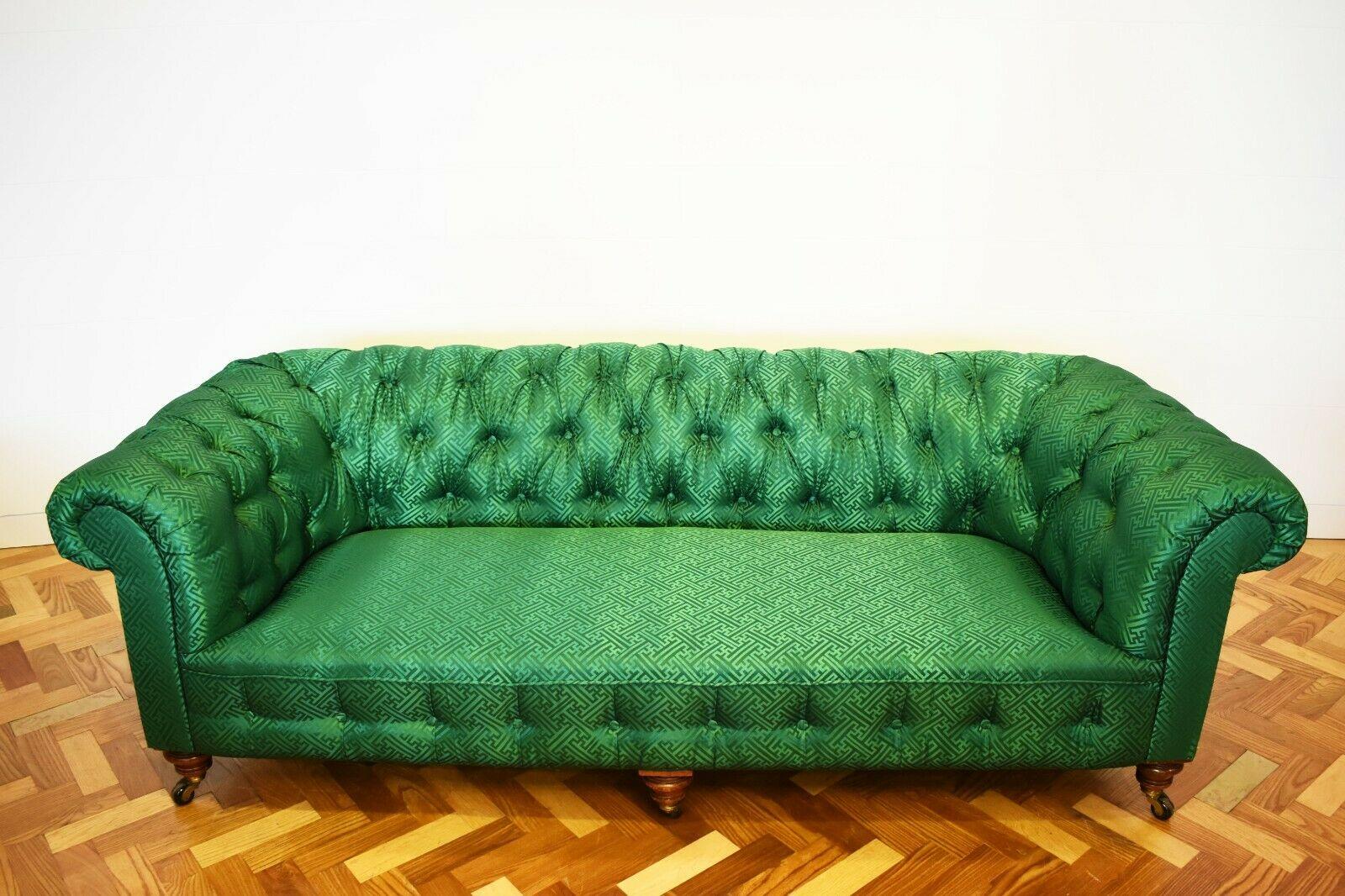 European Victorian Button Back Chesterfield with Mahogony Legs, Upholstered in Green Silk
