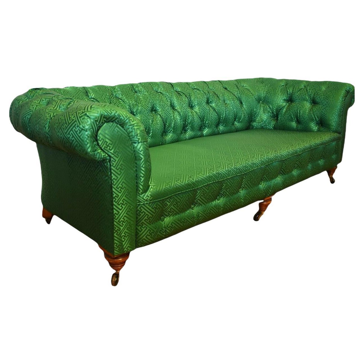 Victorian Button Back Chesterfield with Mahogony Legs, Upholstered in Green  Silk at 1stDibs