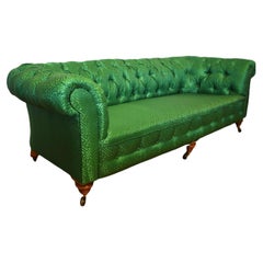 Antique Victorian Button Back Chesterfield with Mahogony Legs, Upholstered in Green Silk