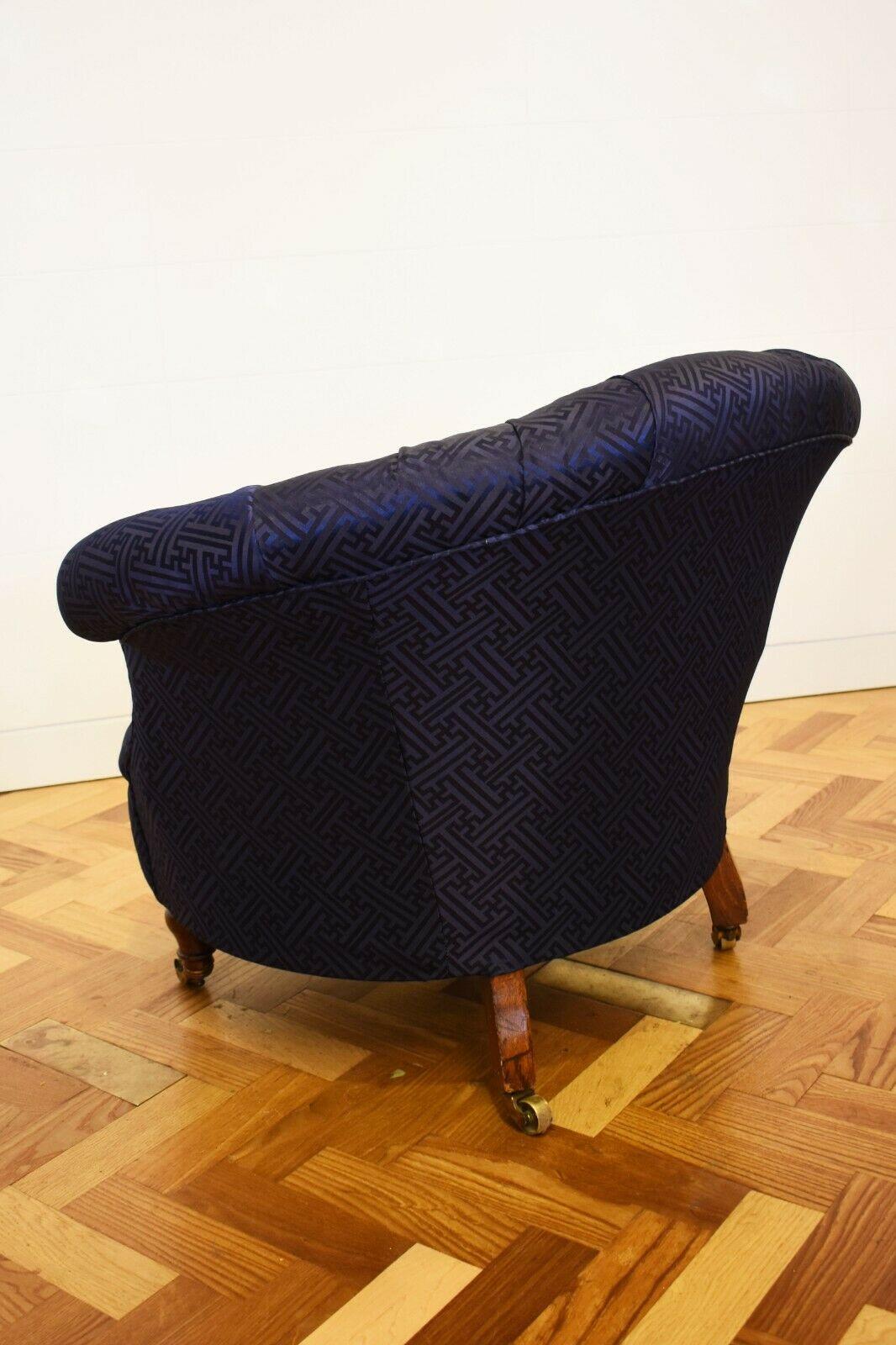 Victorian Button Back Tub Chair with Mahogony Legs, Upholstered in Navy Silk For Sale 1
