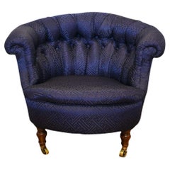 Victorian Button Back Tub Chair with Mahogony Legs Upholstered in Navy Silk