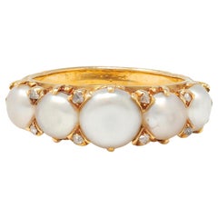 Victorian Button Pearl Diamond 18 Karat Yellow Gold Antique Five Stone Band Ring