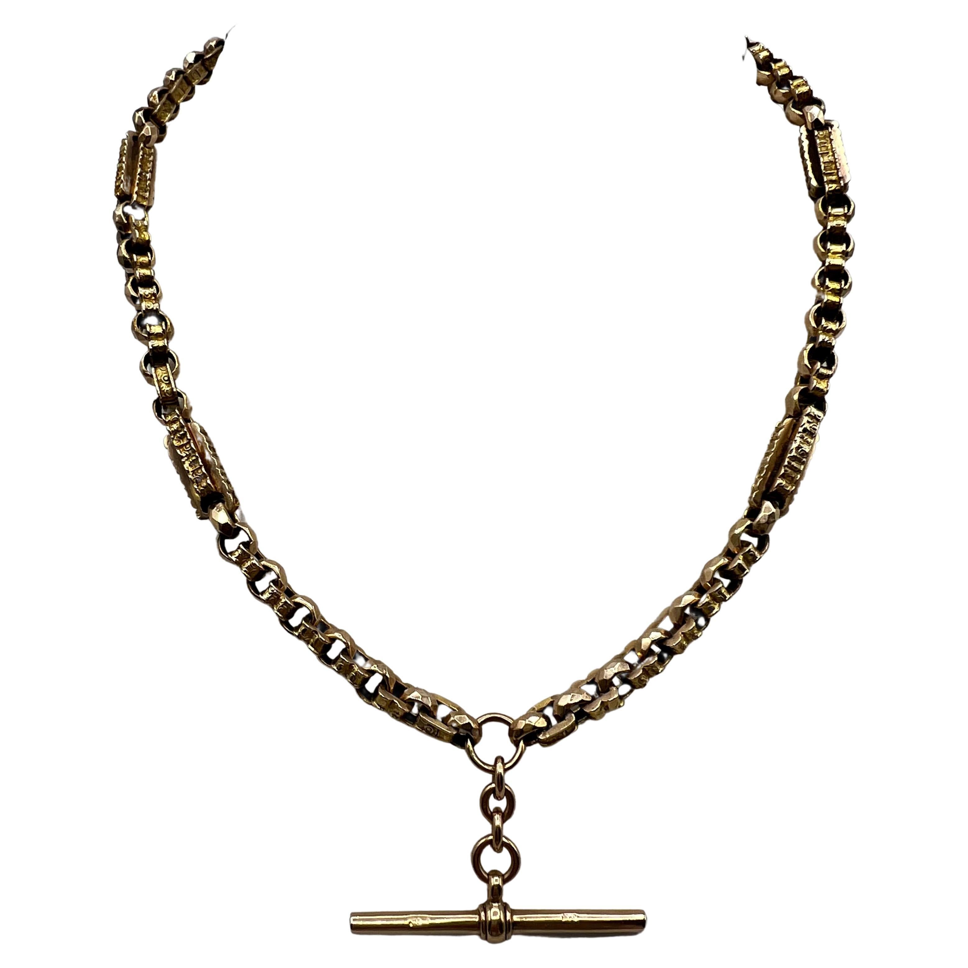 Victorian c. 1880  English Watch Fob Chain Necklace 9 Karat Gold For Sale