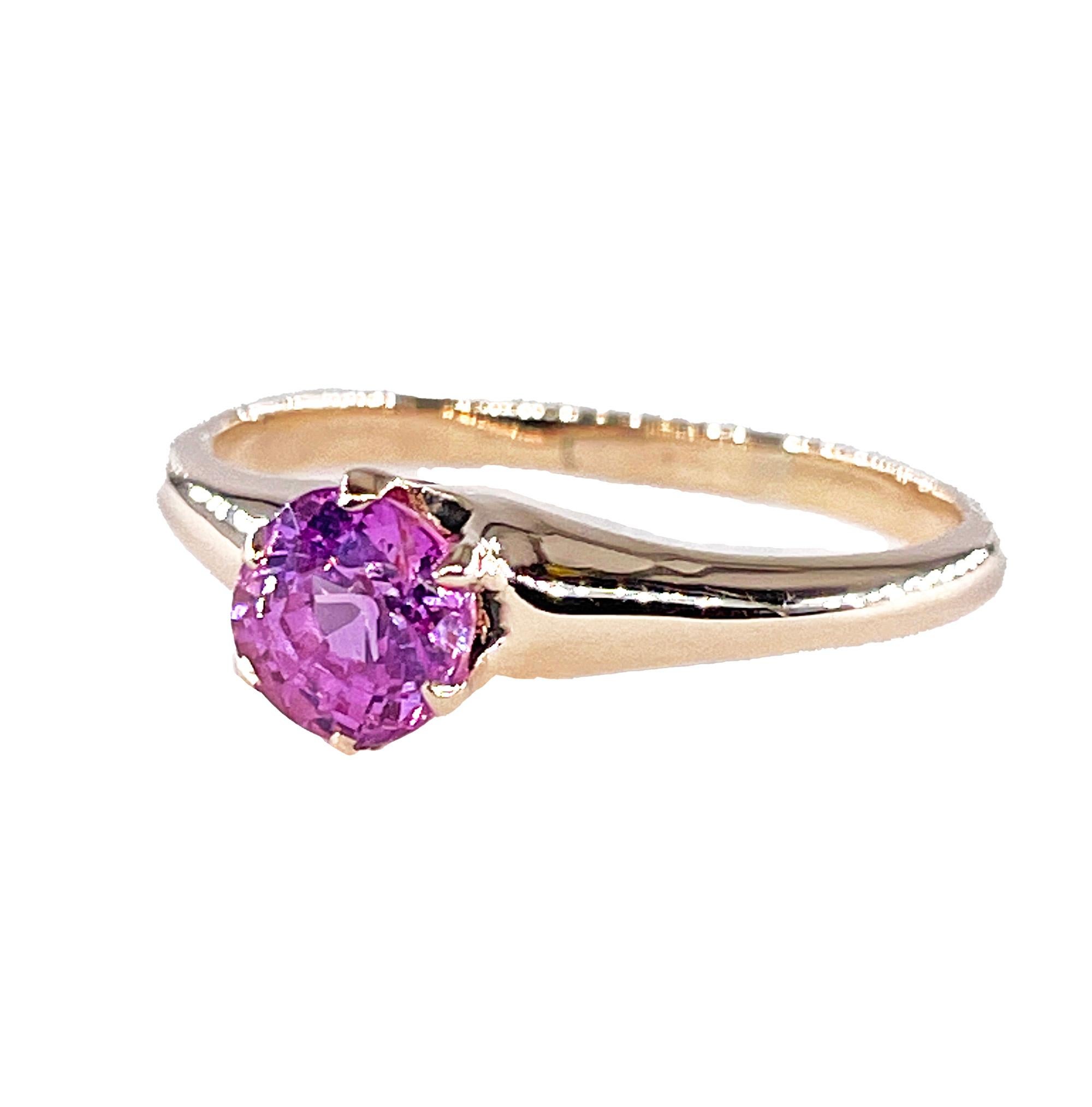 Brilliant Cut Victorian C. 1890s Antique GIA 1.09ct Pink Sapphire Solitaire 9K Rose Gold Ring For Sale