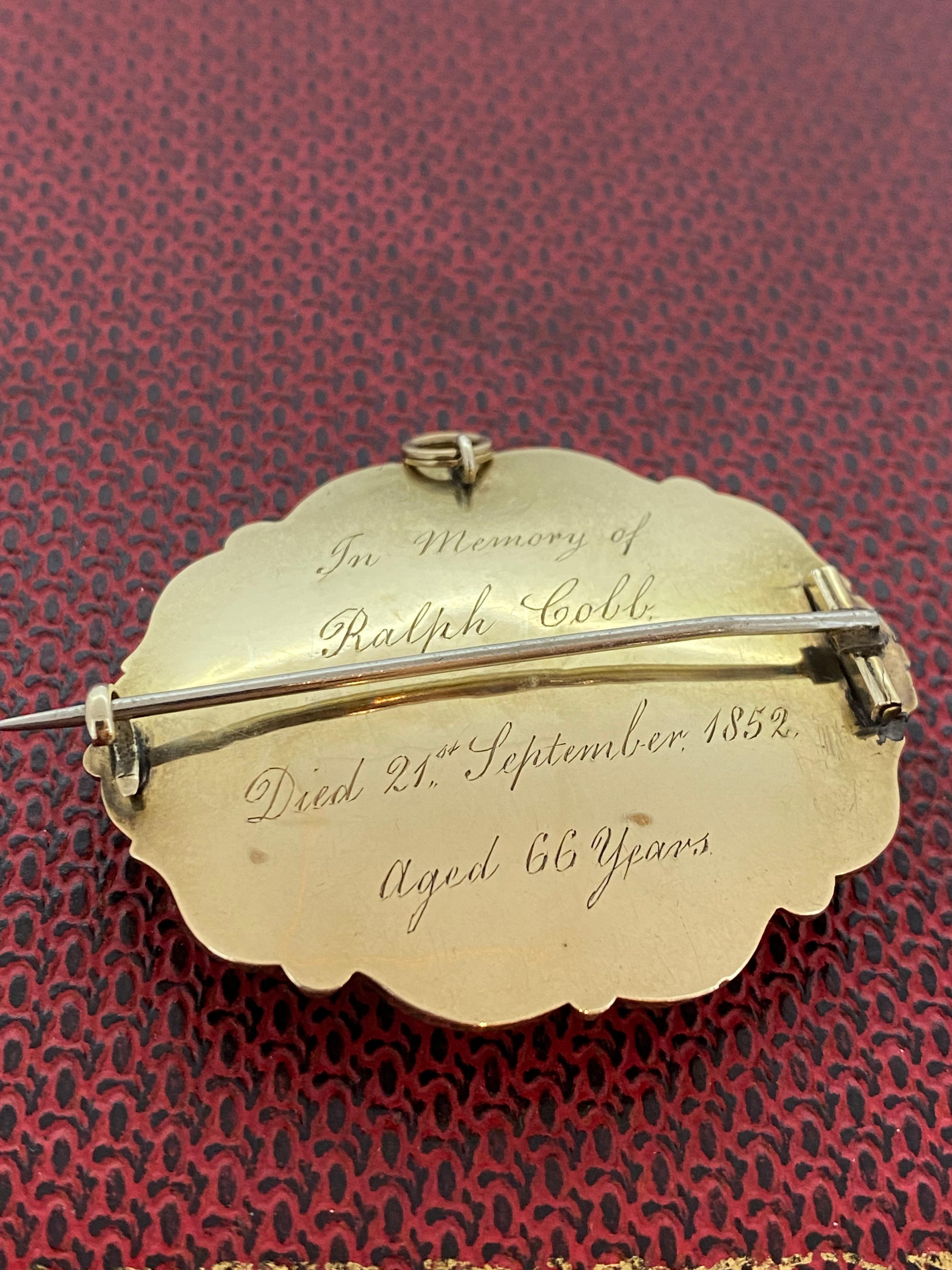 Round Cut Victorian c1852 Mourning (Memorial) 12K Gold, Black Enamel, Pearl Brooch w Hair For Sale
