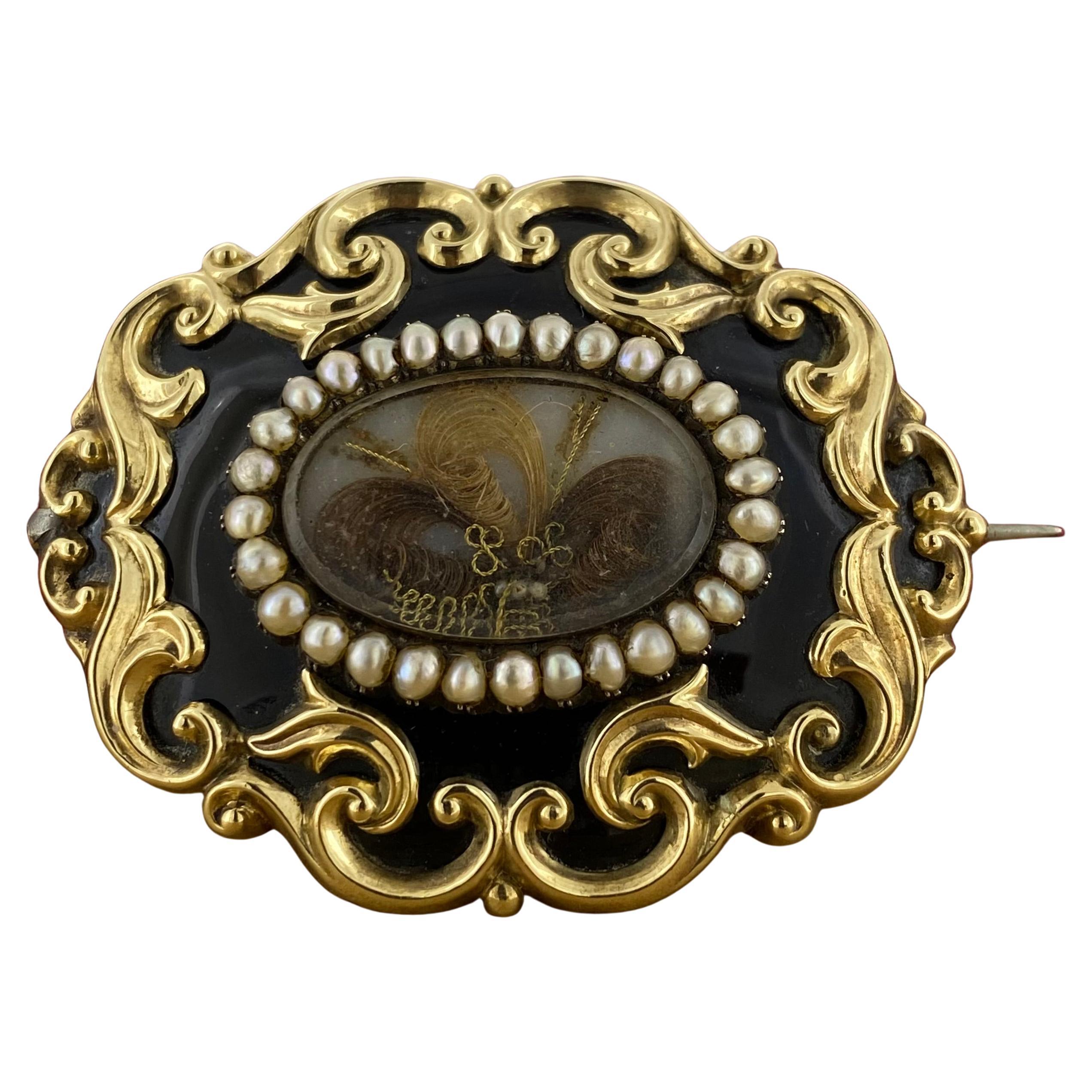 Victorian c1852 Mourning (Memorial) 12K Gold, Black Enamel, Pearl Brooch w Hair