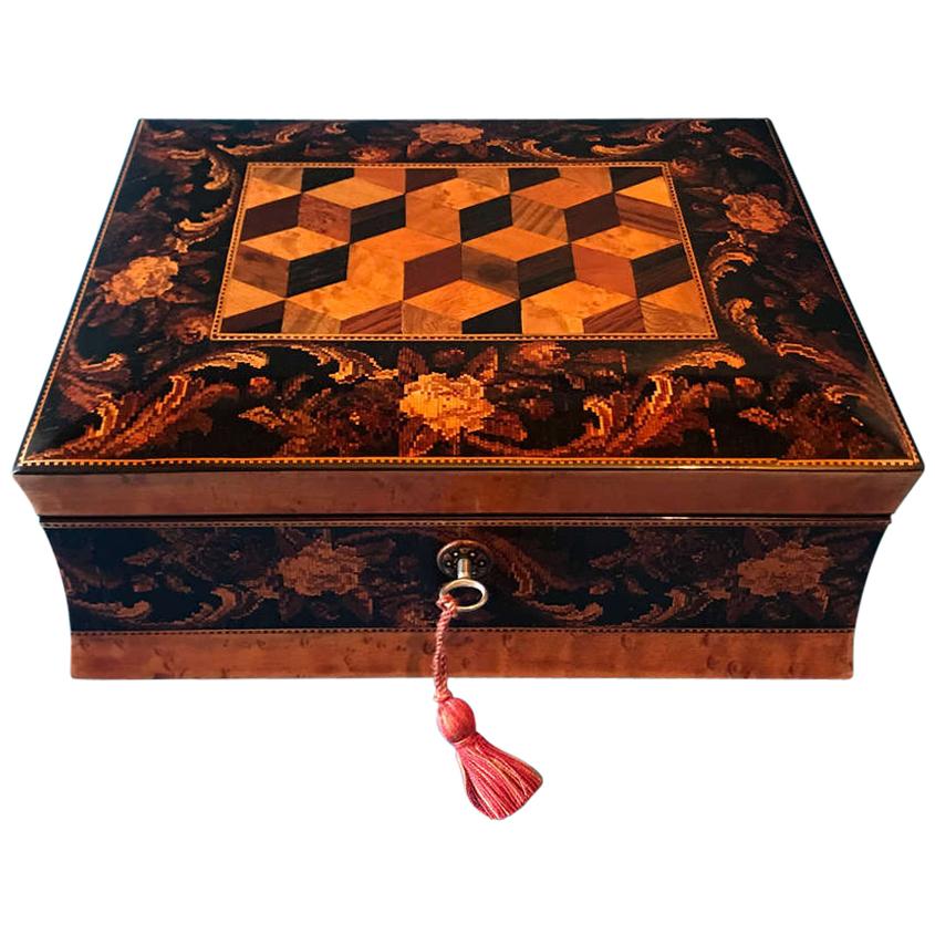 Victorian circa 1860 Burr Maple Tunbridge Ware, Tumbling Block Box For Sale
