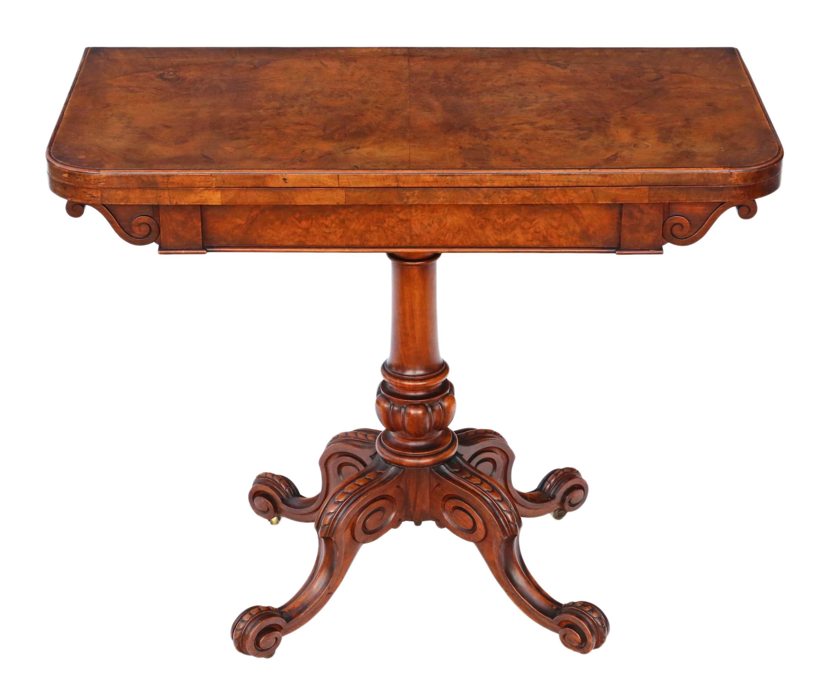 Antique quality Victorian circa 1860 burr walnut folding card or tea table.
Solid and strong, with no loose joints. Full of age, character and charm. Attractive pedestal base with period brass castors.
Would look great in the right location! No