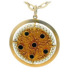 Victorian c.1880 18K Gold Pendant with Cabochon Sapphires and Pearl Halo