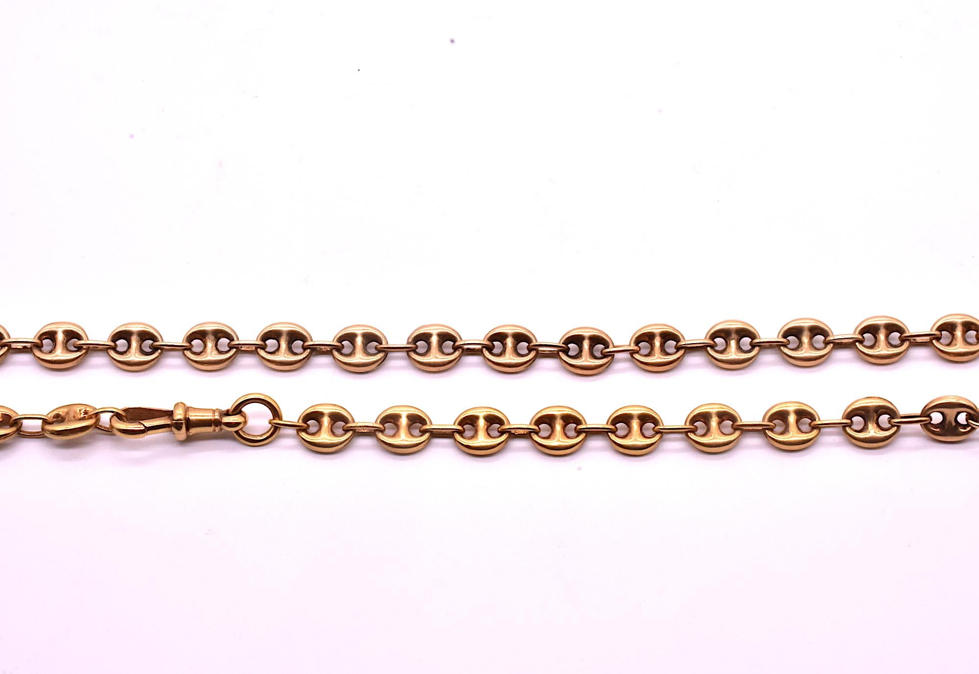 Classic Victorian 9K anchor link chain that feels substantial and smooth around your neck with its solid, hefty and strong anchor links. This necklace weighs 22 grams and is 29 inches in length. This anchor link chain with its nautical motif is a