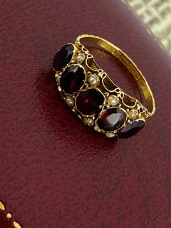 Victorian c1896 Almandine Garnet, Seed Pearl 15K Rose Gold Cannetille Style Ring