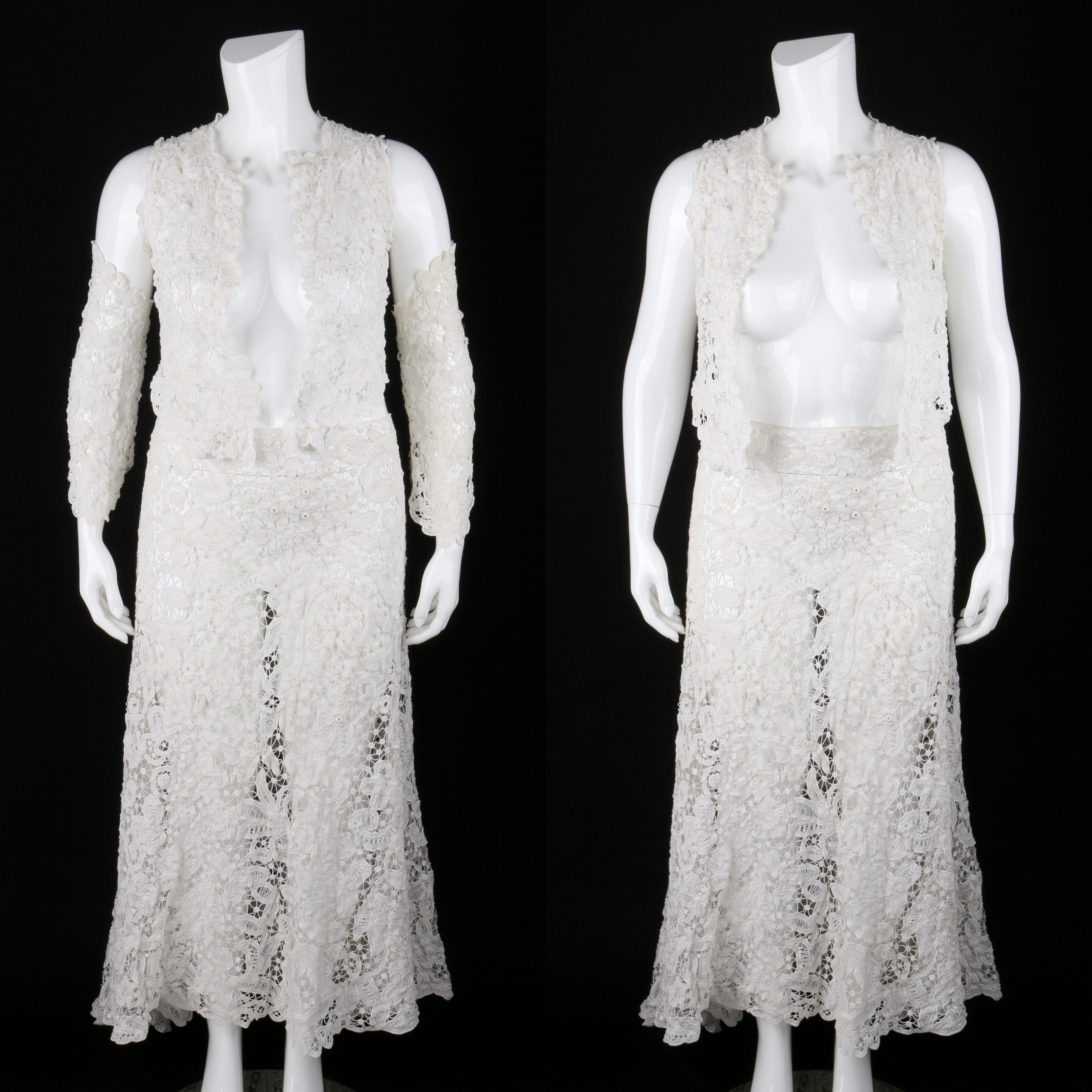 VICTORIAN / EDWARDIAN c.1900s OOAK White Gros Point De Venise Lace 4 Pc Skirt Top Sleeve Set
Circa: 1900s 
Style: 4 Pc skirt, vest, sleeve set
Color(s): White
Lined: No
Unmarked Fabric Content (feel of): Cotton
Additional Details / Inclusions: