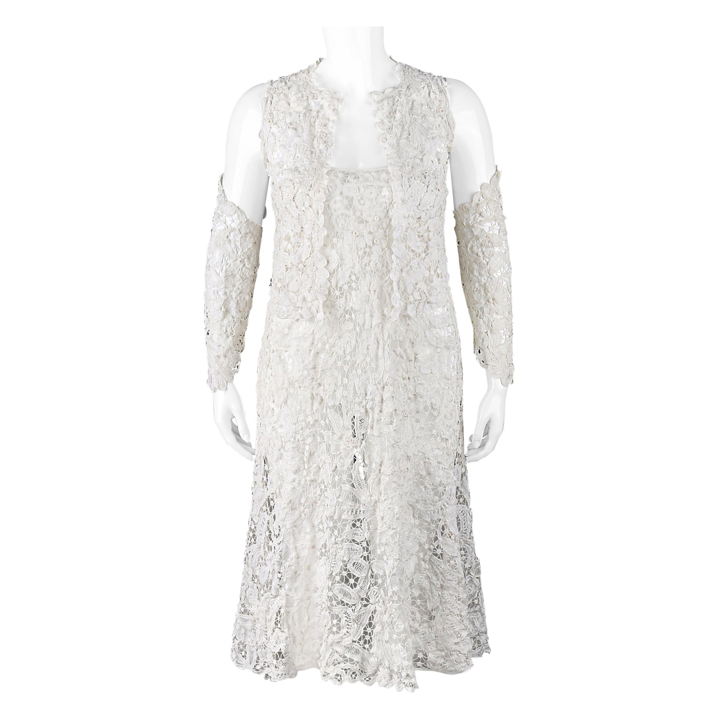 VICTORIAN c.1900s OOAK White Gros Point De Venise Lace 4 Pc Skirt Top Sleeve Set