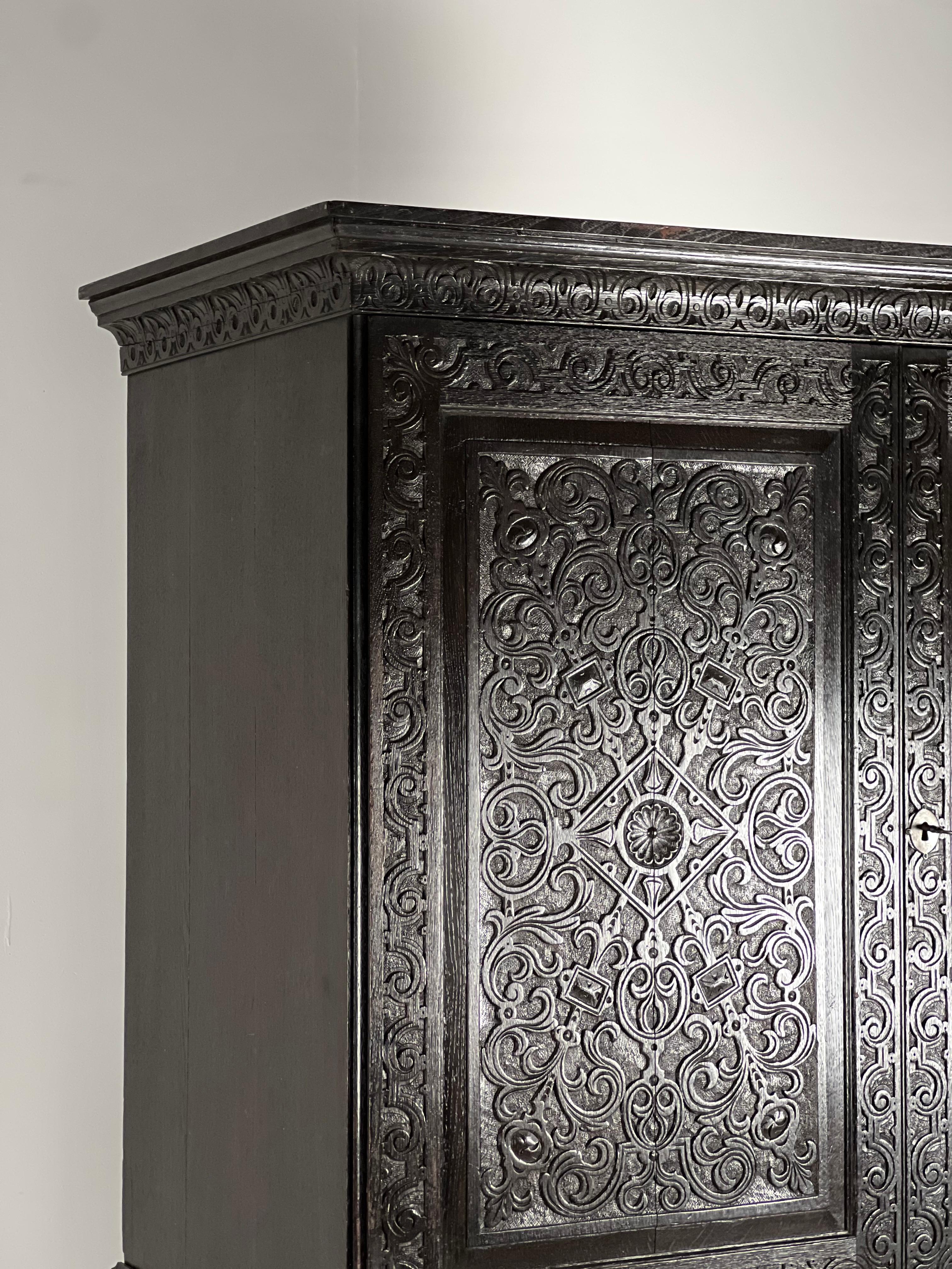 Hand-Carved Victorian Cabinet ca. 1860 Oak Hand Carved Panels For Sale