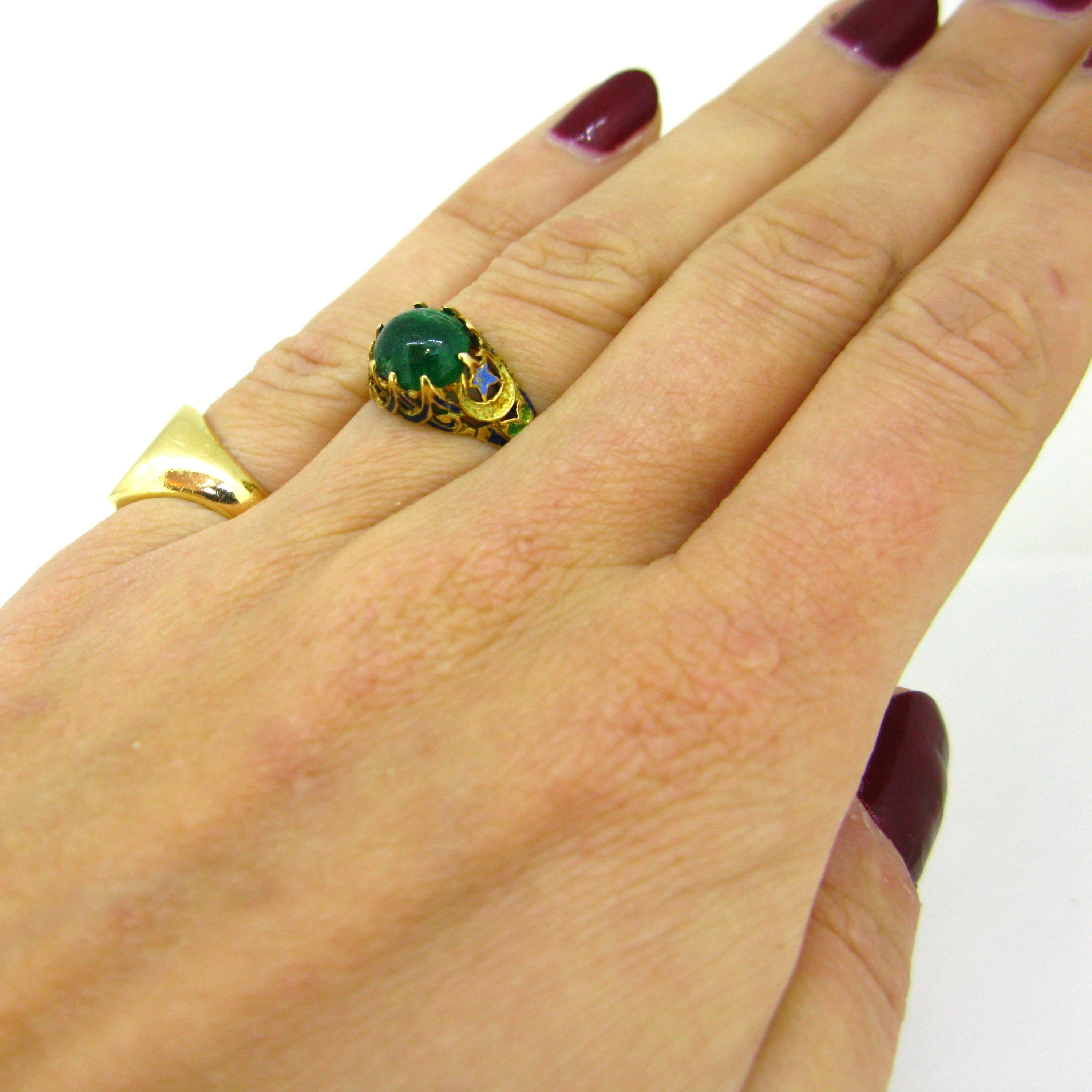 Victorian Cabochon Cut Emerald Enamel Yellow Gold Ring 6