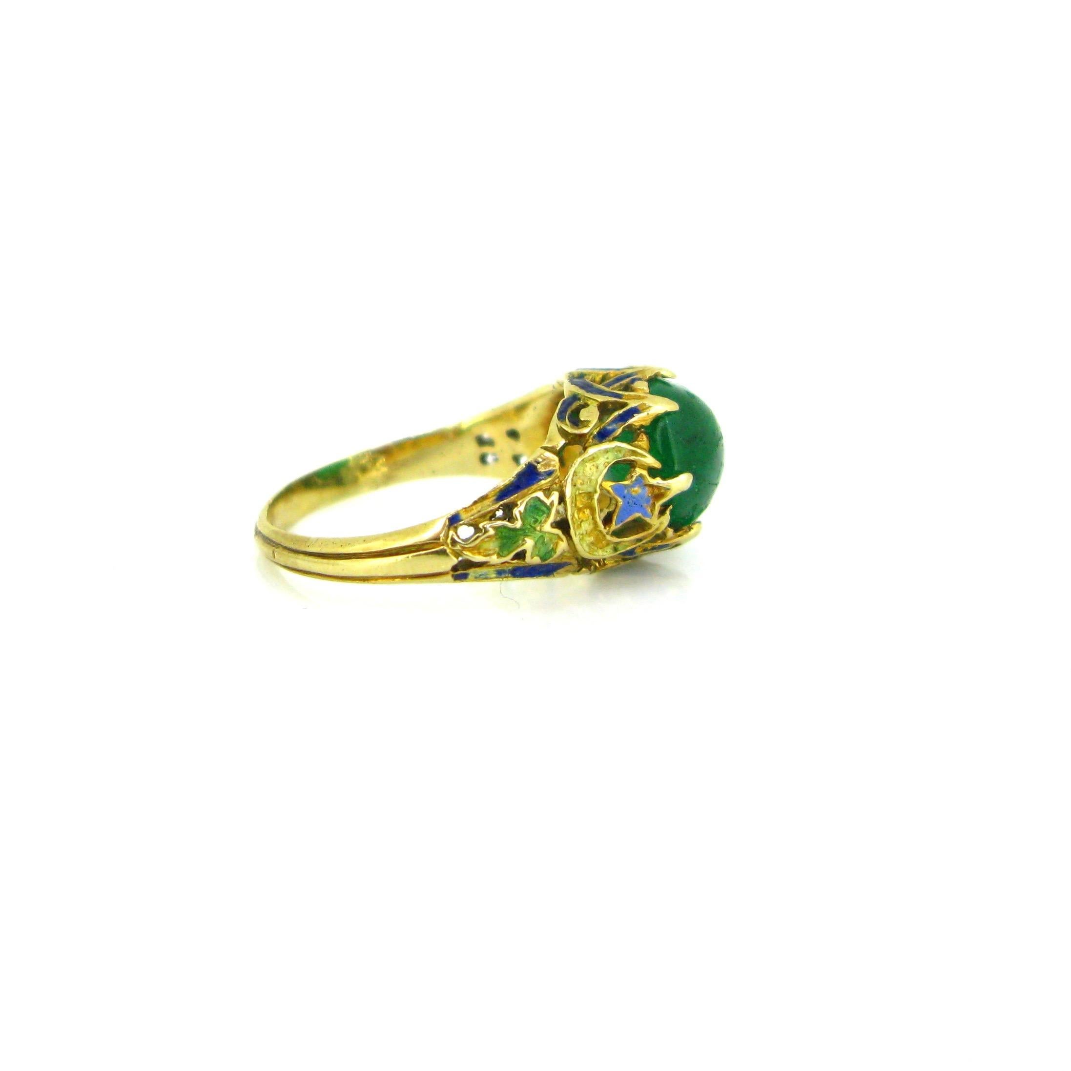 Women's or Men's Victorian Cabochon Cut Emerald Enamel Yellow Gold Ring