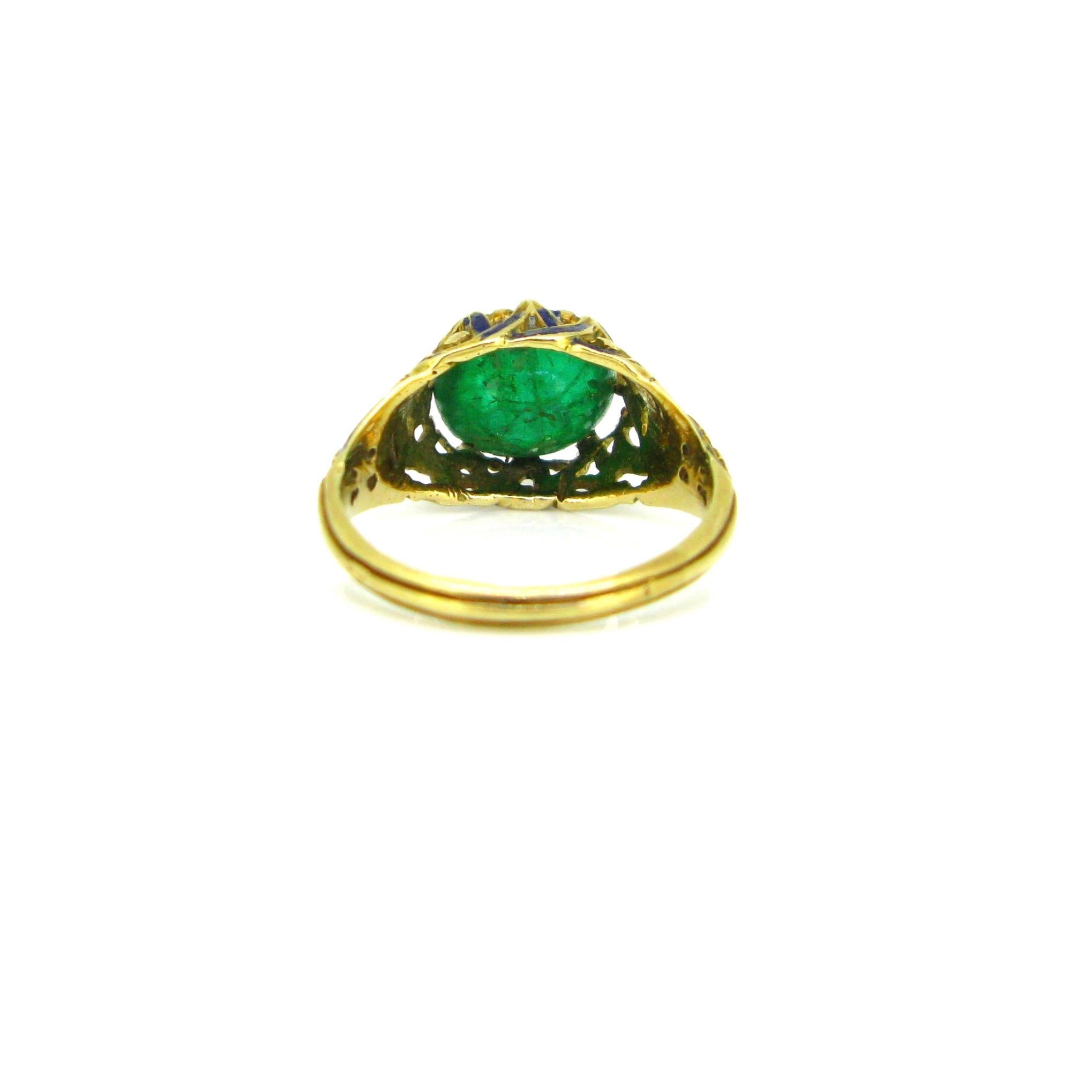 Victorian Cabochon Cut Emerald Enamel Yellow Gold Ring 1