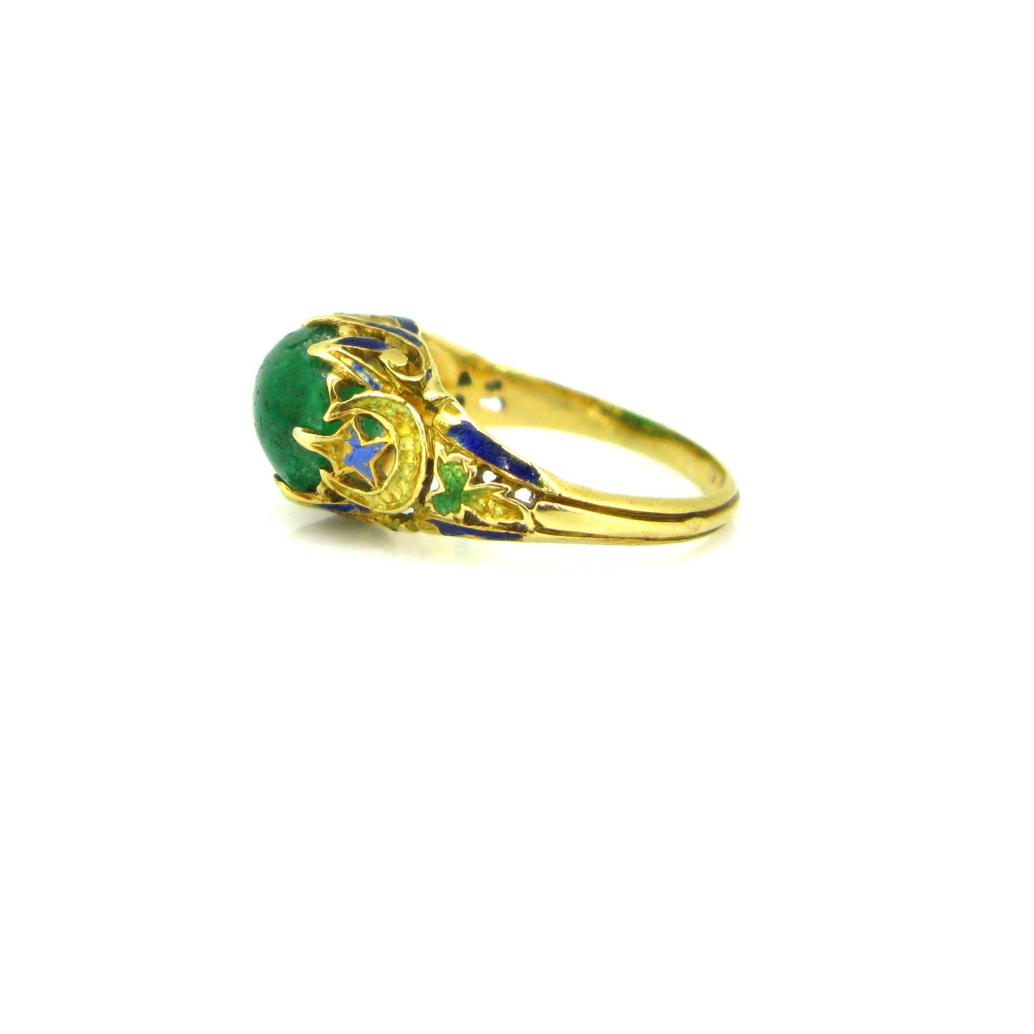 Victorian Cabochon Cut Emerald Enamel Yellow Gold Ring 2