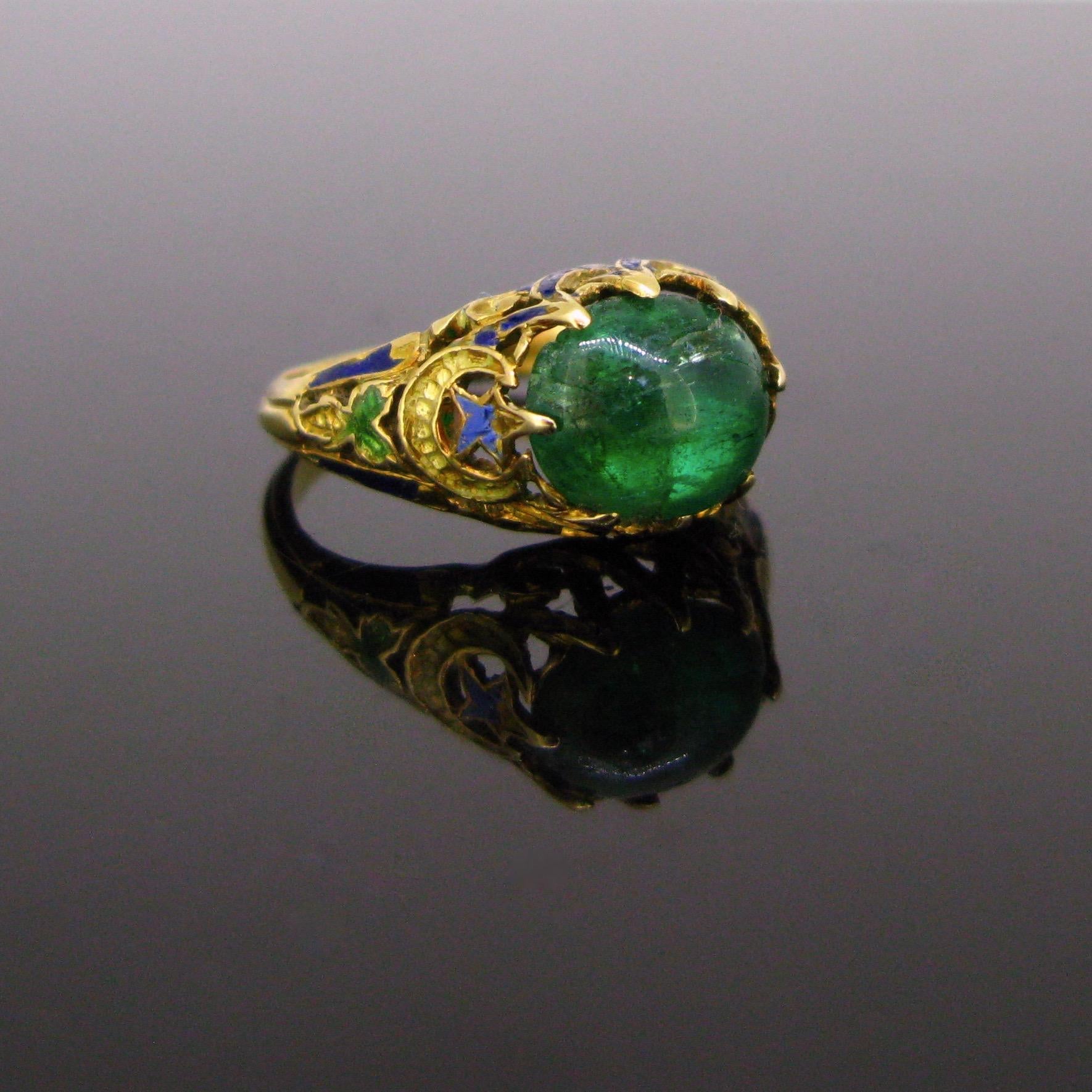 Victorian Cabochon Cut Emerald Enamel Yellow Gold Ring 4