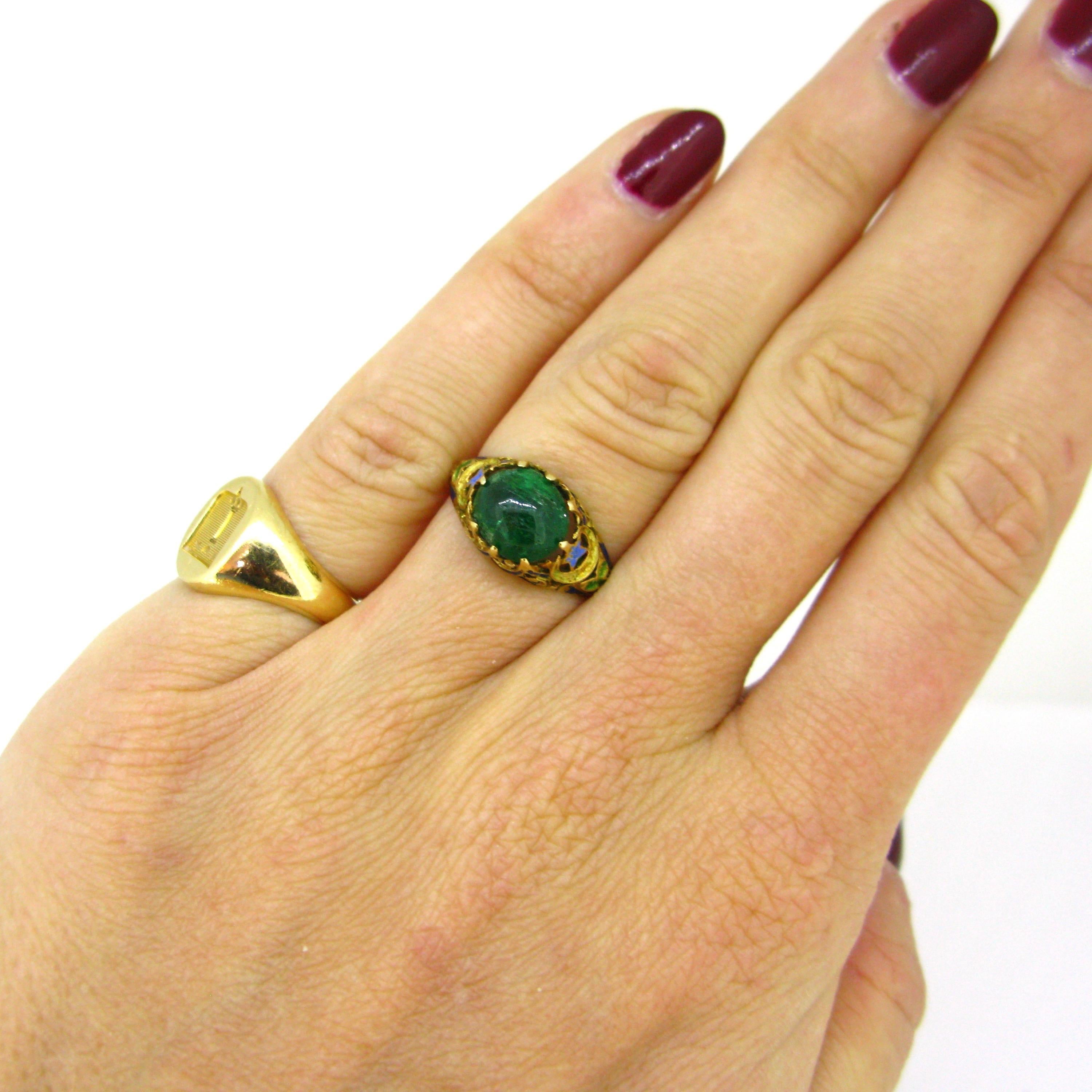Victorian Cabochon Cut Emerald Enamel Yellow Gold Ring 5