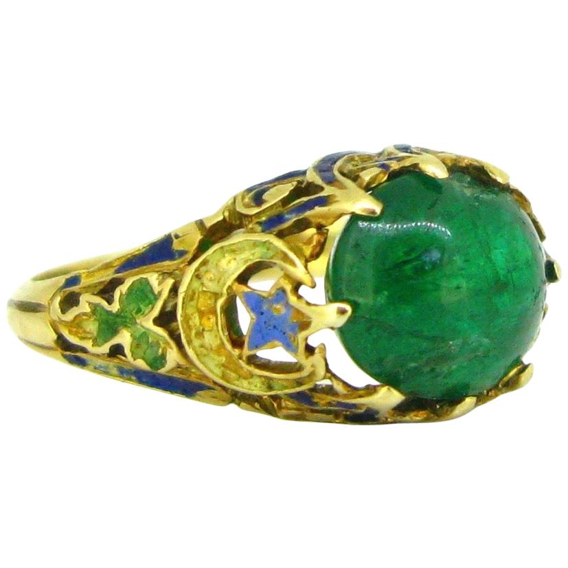 Victorian Cabochon Cut Emerald Enamel Yellow Gold Ring