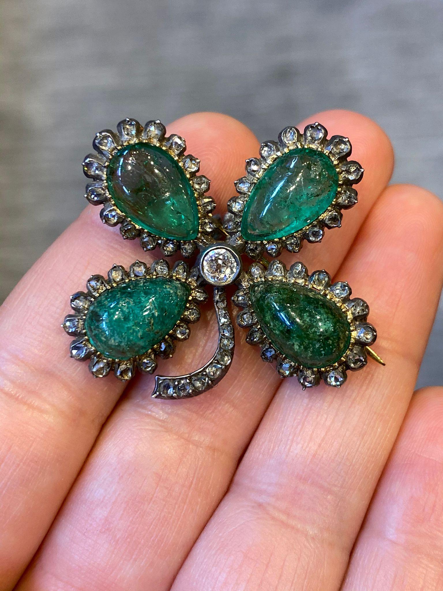 Victorian Cabochon Emerald Four Leaf Clover Brooch For Sale 1