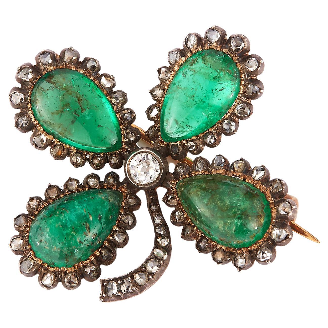 Victorian Cabochon Emerald Four Leaf Clover Brooch